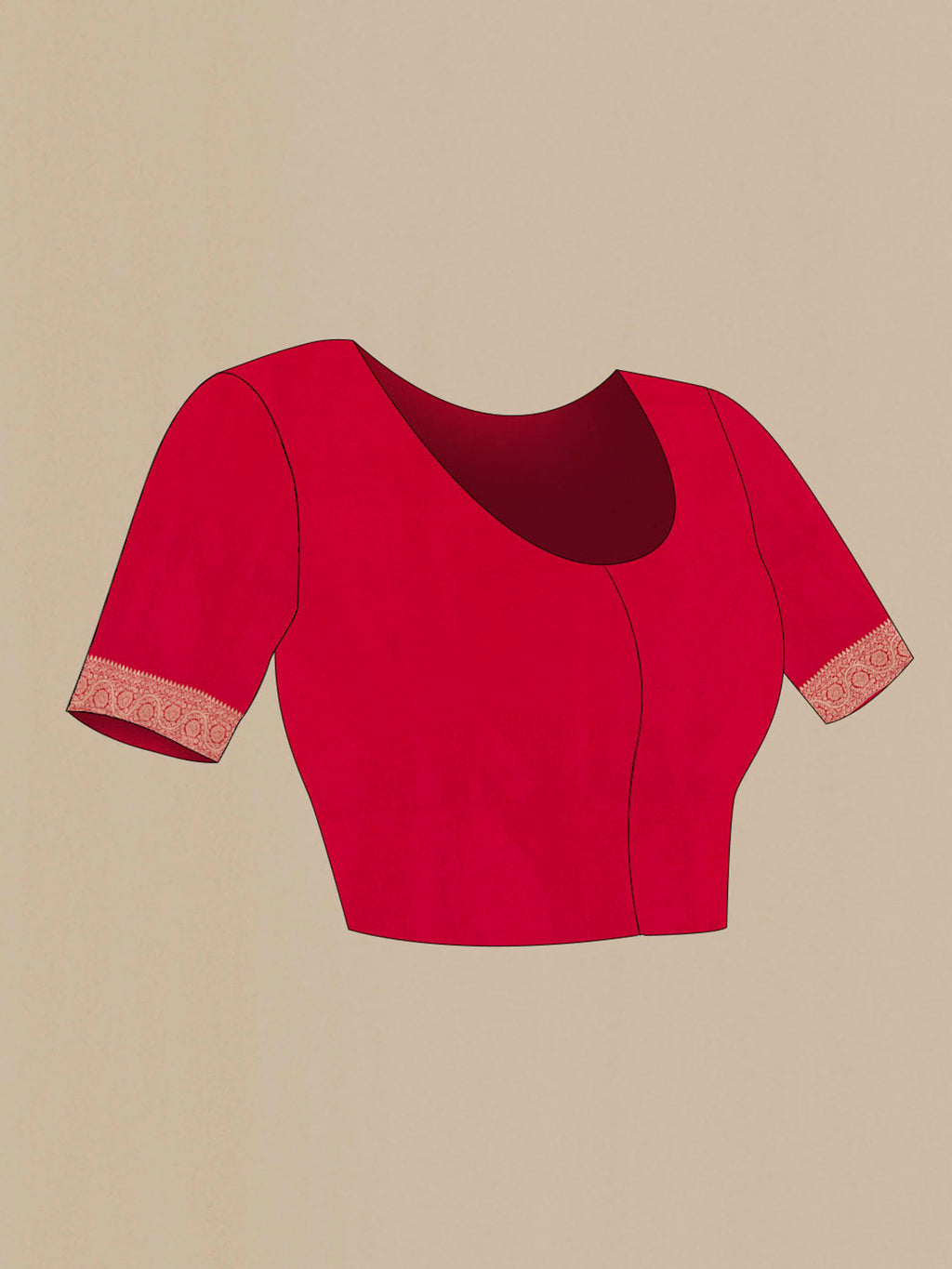 Close up image of the blouse of Red Dual Tone Banarasi Silk Saree with Zari Brocade on the body and Zari Border. 