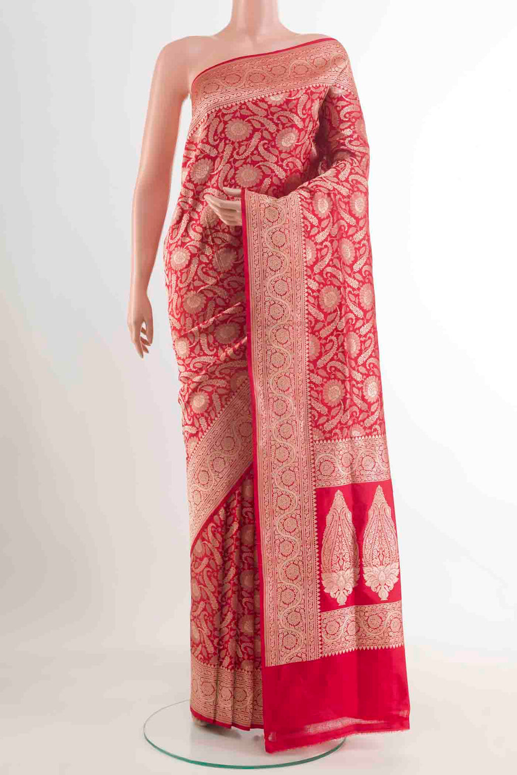 Red Dual Tone Banarasi Silk Saree with Zari Brocade on the body and Zari Border.  displayed on a mannequin
