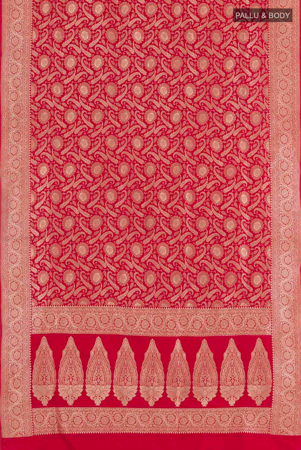 Flat view of Red Dual Tone Banarasi Silk Saree with Zari Brocade on the body and Zari Border. 