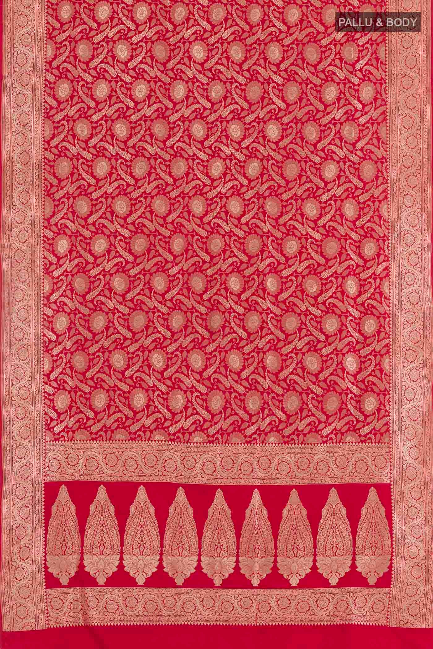 Flat view of Red Dual Tone Banarasi Silk Saree with Zari Brocade on the body and Zari Border. 