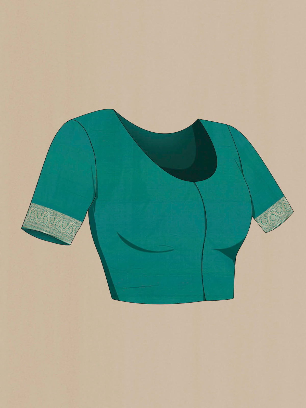 Close up image of the blouse of Sea Green Banarasi Silk Saree with Zari Brocade on the body and Zari Border. 