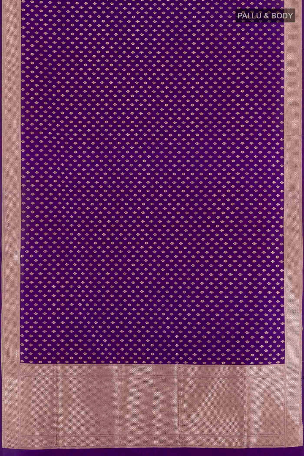 Flat view of Purple Banarasi Silk Saree with Zari Butta on the body and Zari Border