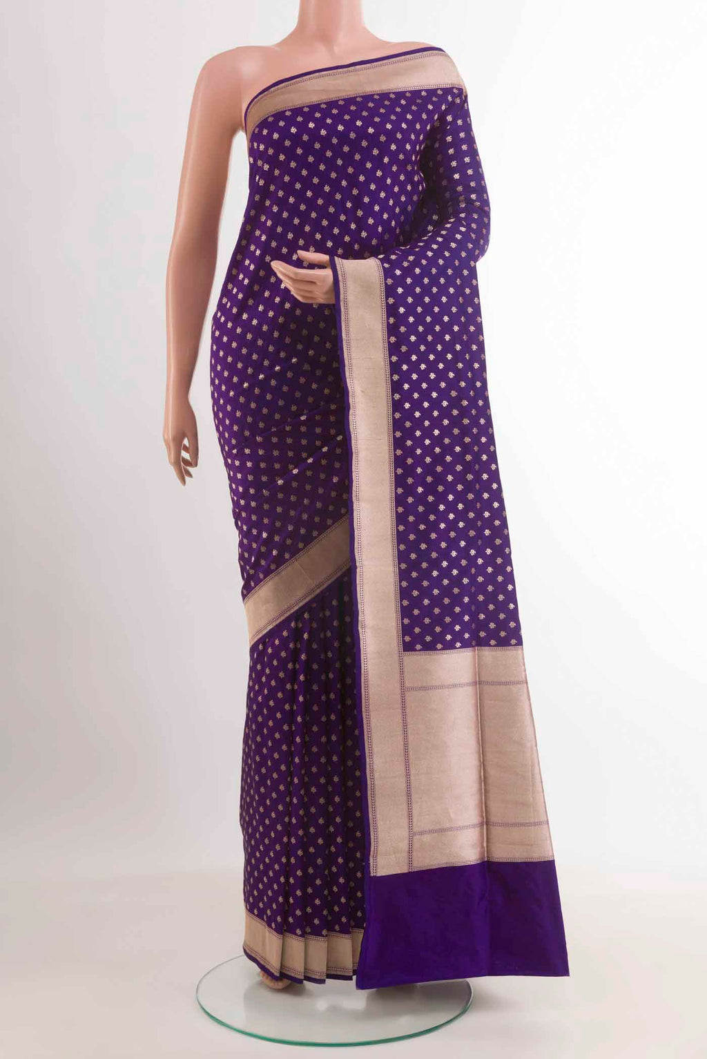 Purple Banarasi Silk Saree with Zari Butta on the body and Zari Border.  displayed on a mannequin