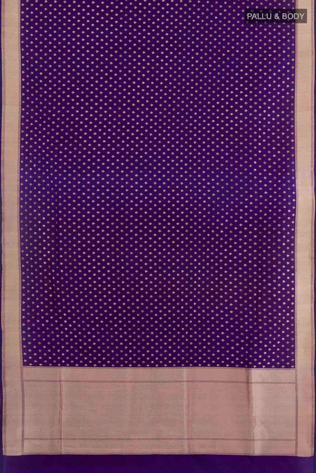 Flat view of Purple Banarasi Silk Saree with Zari Butta on the body and Zari Border. 