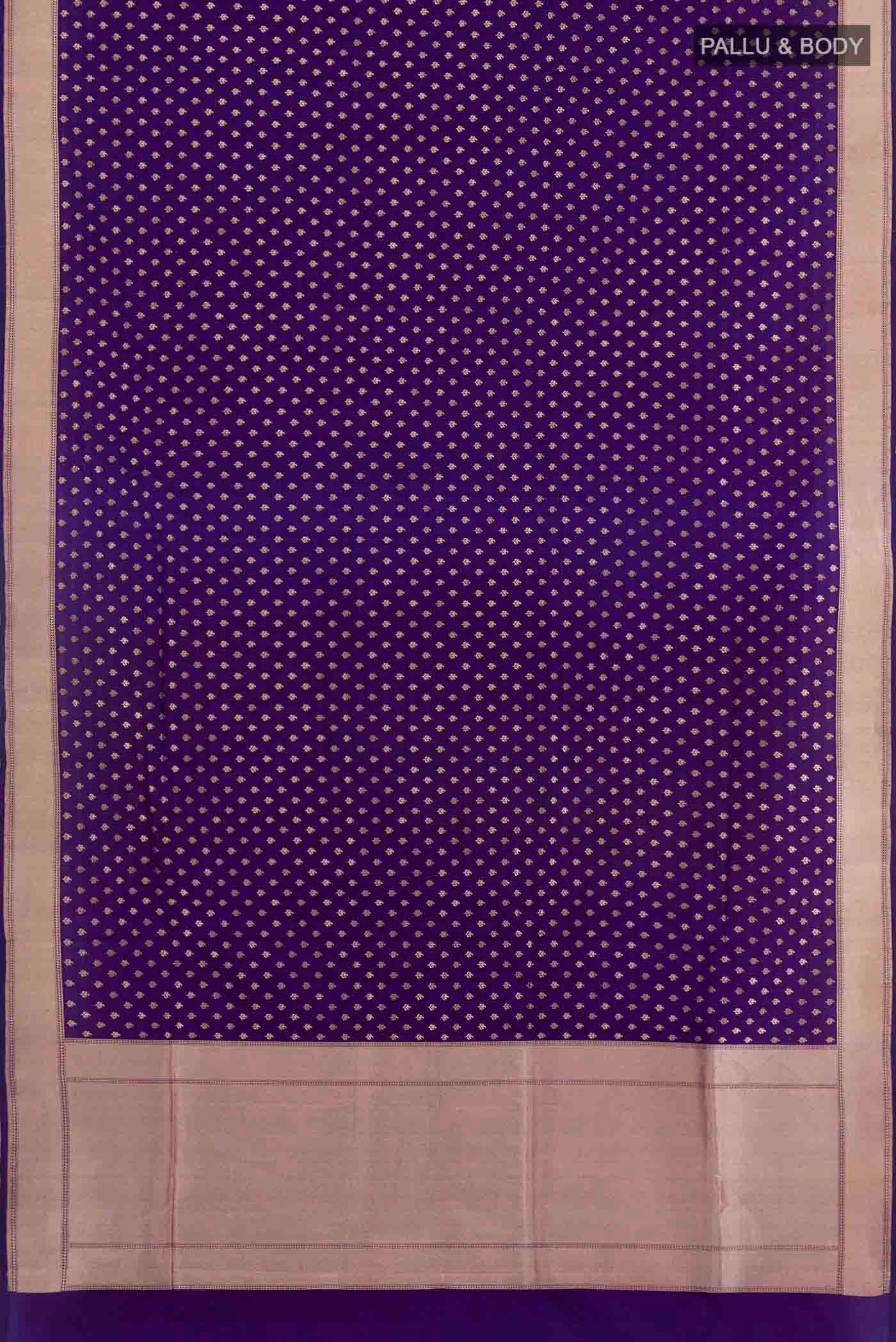 Flat view of Purple Banarasi Silk Saree with Zari Butta on the body and Zari Border. 