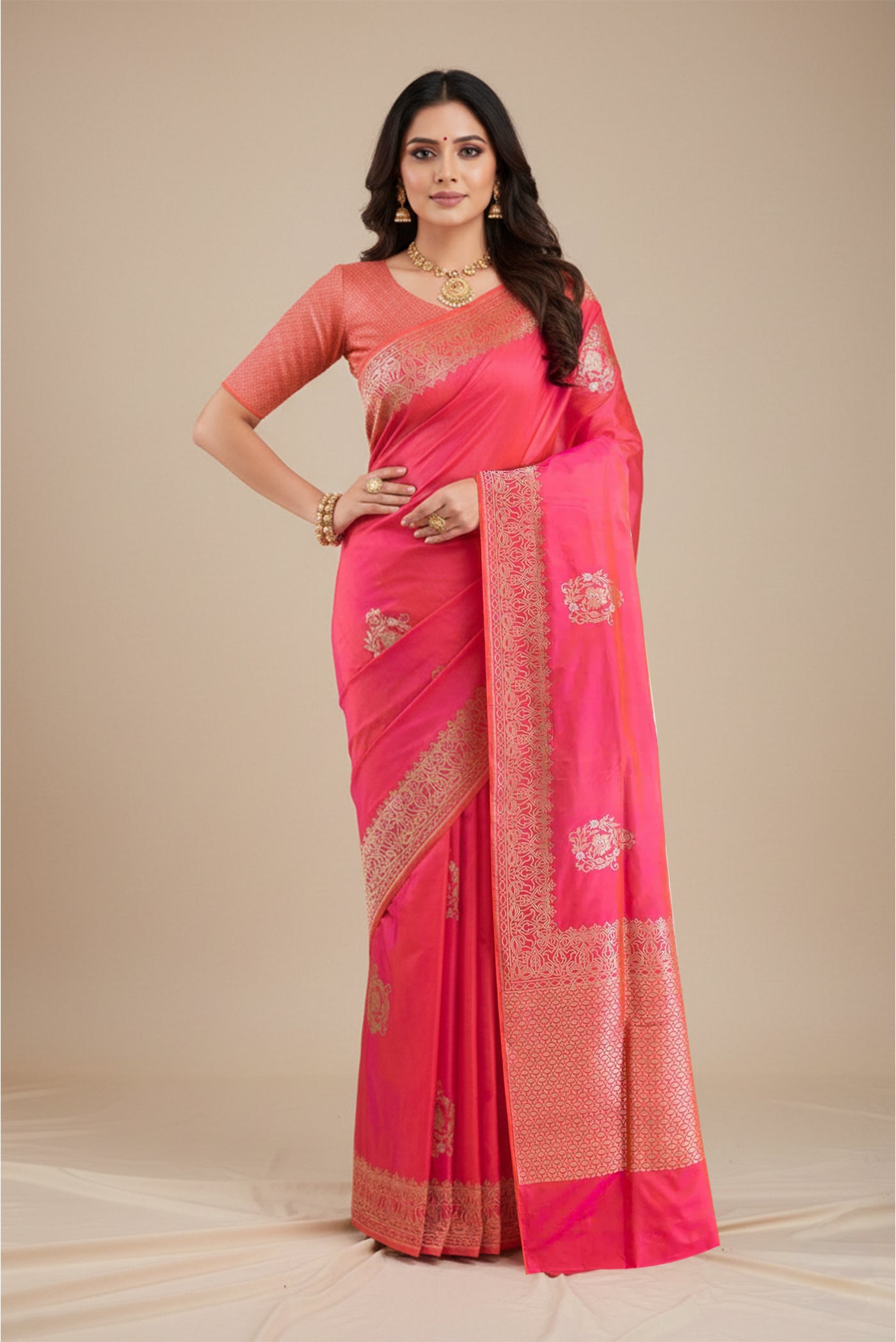 Model wearing a Pink Dual Tone Banarasi Silk Saree with Zari Butta on the body and Zari Border.