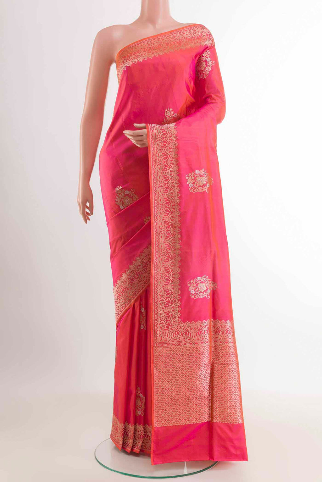 Pink Dual Tone Banarasi Silk Saree with Zari Butta on the body and Zari Border displayed on a mannequin