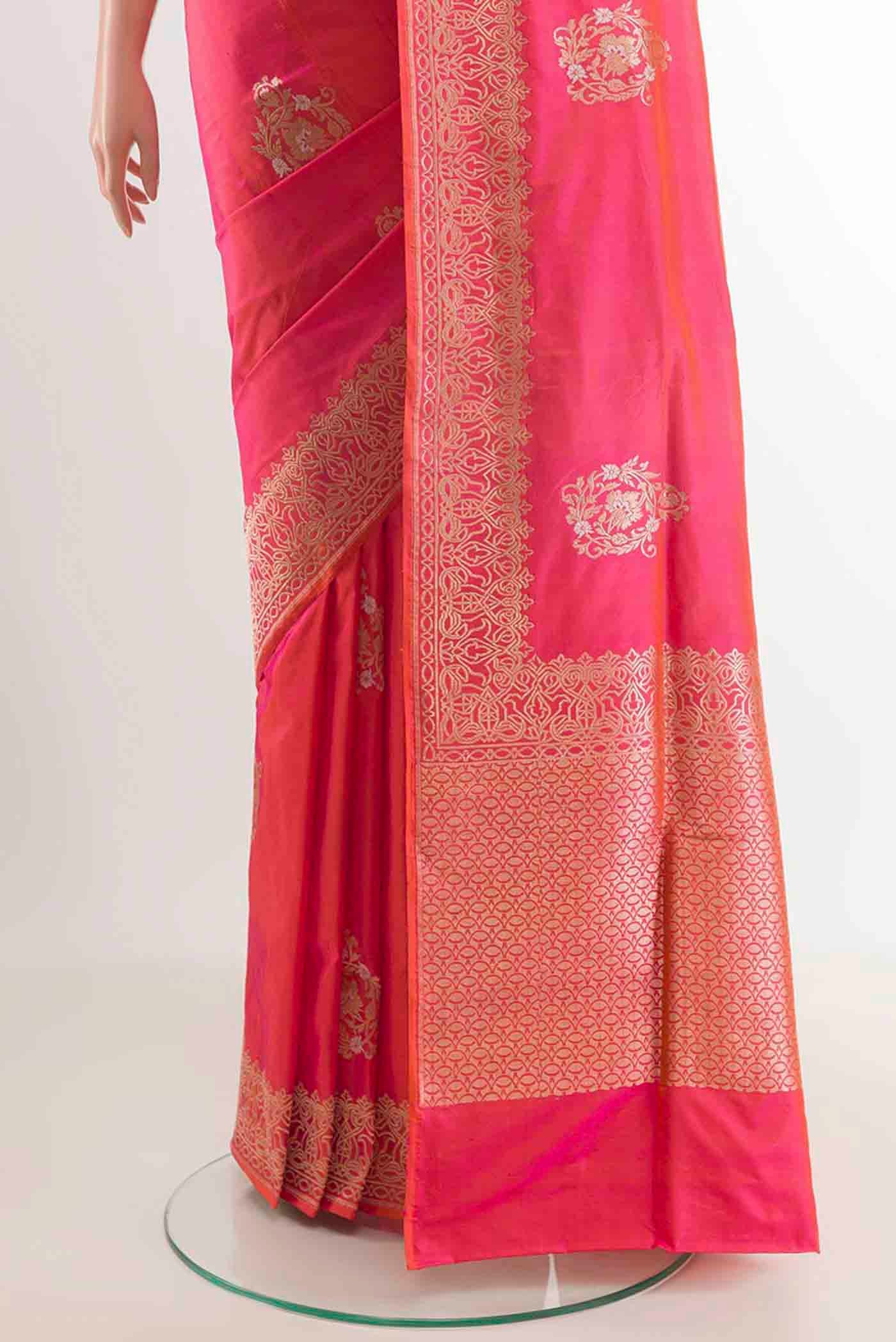 Pleats and pallu of Pink Dual Tone Banarasi Silk Saree with Zari Butta on the body and Zari Border