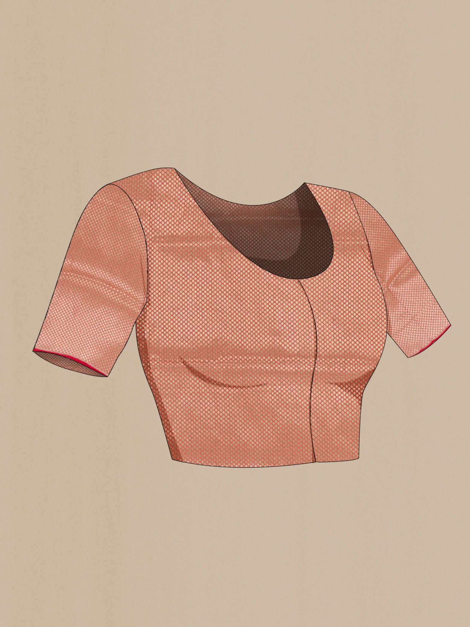 Close up image of the blouse of Peach Banarasi Tissue Silk Saree with Zari Butta on the body and Zari Border. 