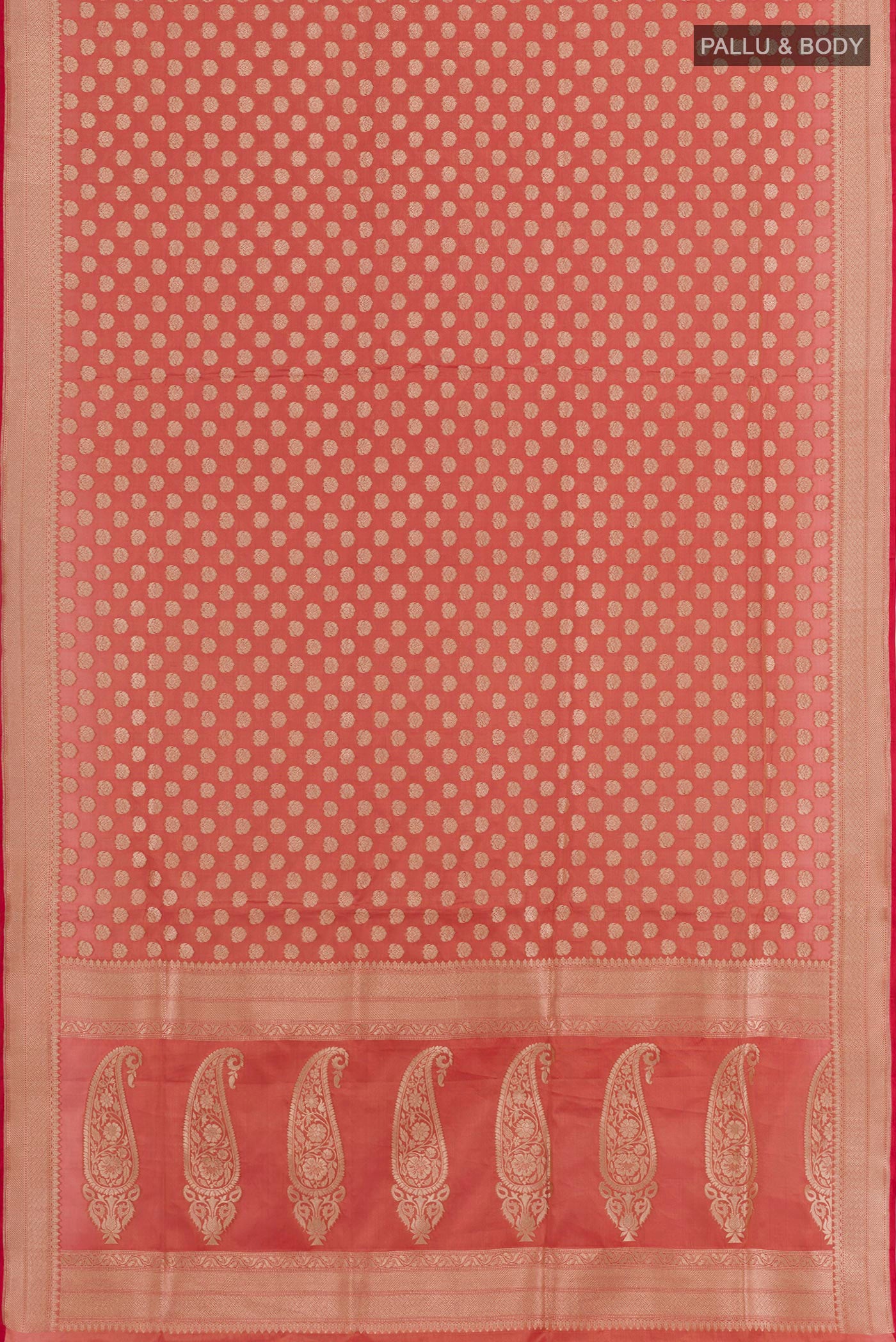 Flat view of Peach Banarasi Tissue Silk Saree with Zari Butta on the body and Zari Border. 