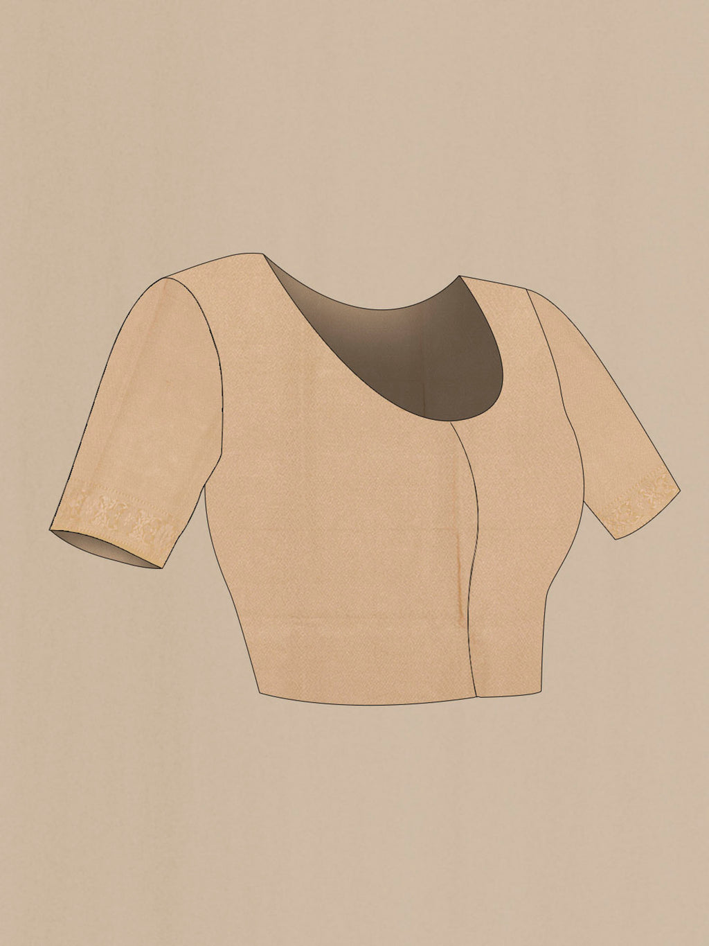 Close up image of the blouse of Beige Banarasi Silk Saree with Zari Butta on the body and Zari Border. 