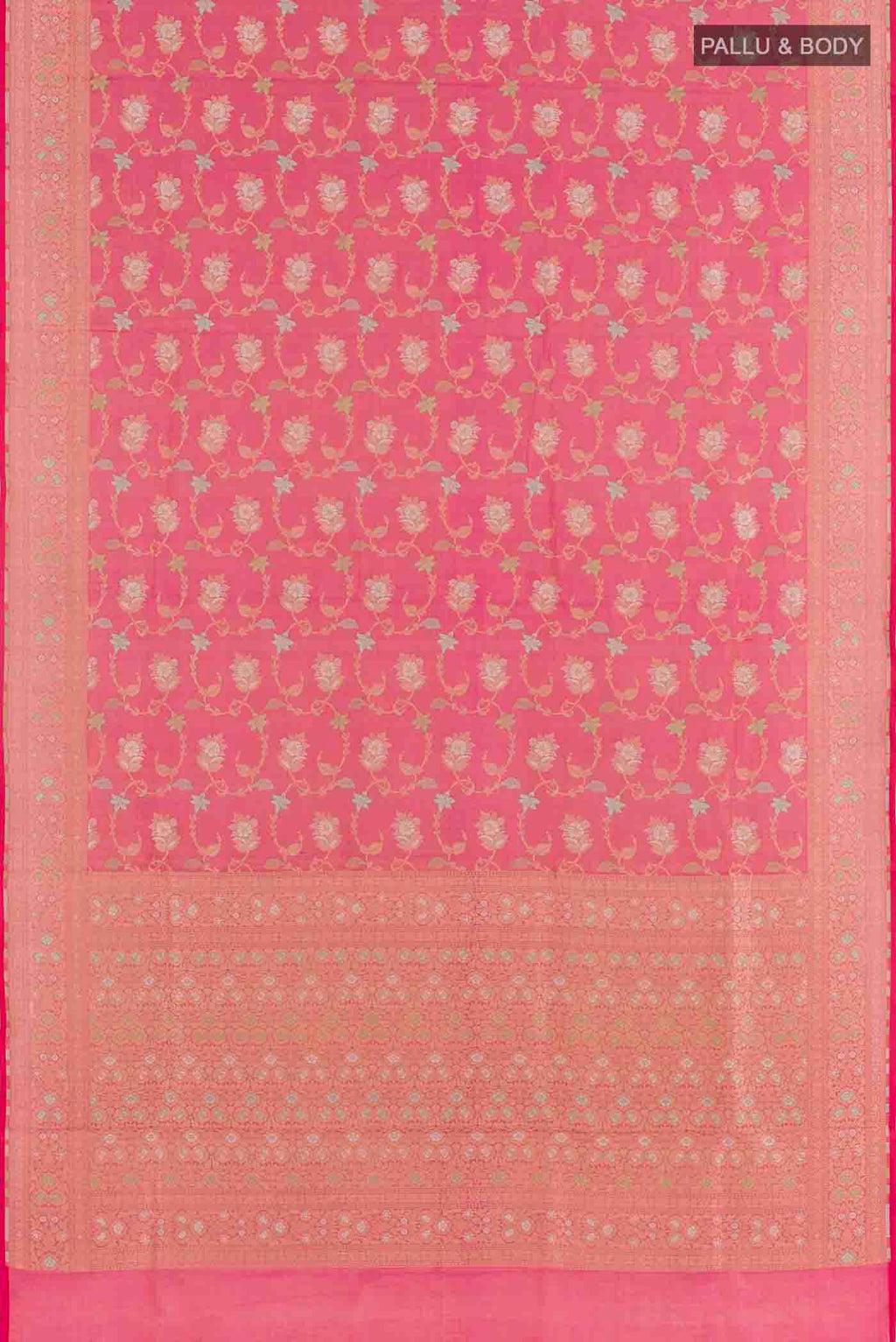 Flat view of Pink Banarasi Silk Saree with Zari Brocade on the body and Zari Border