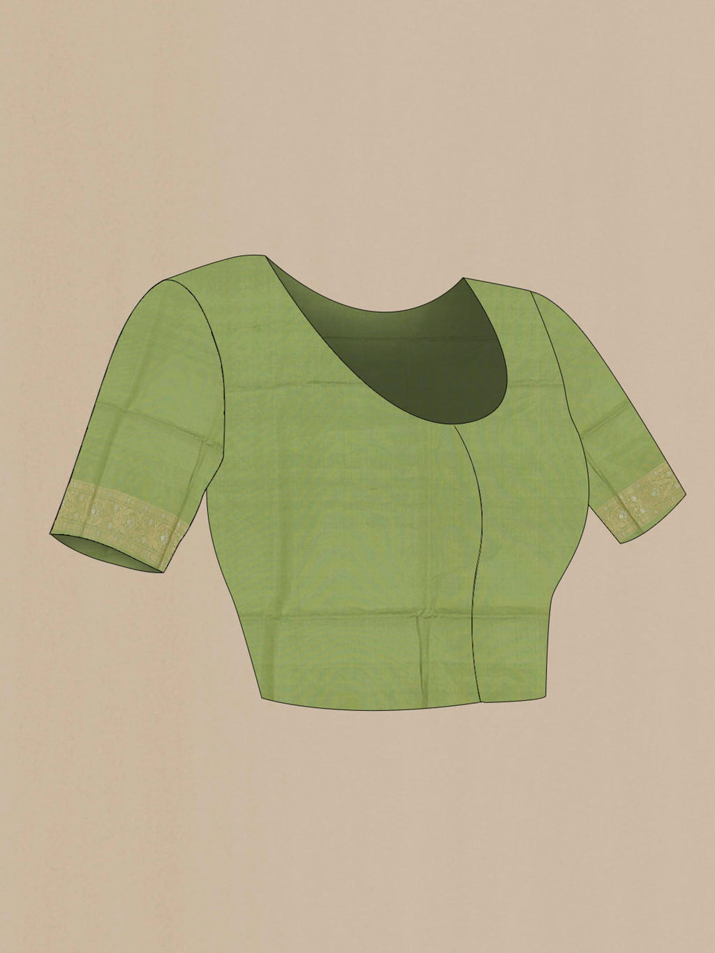 Close up image of the blouse of Green Banarasi Silk Saree with Zari Brocade on the body and Zari Border. 