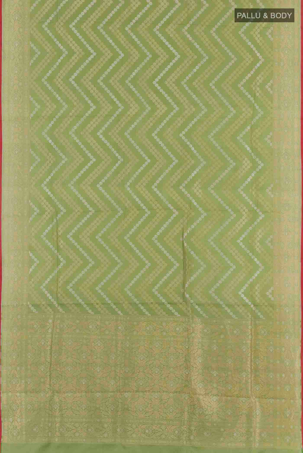 Flat view of Green Banarasi Silk Saree with Zari Brocade on the body and Zari Border. 
