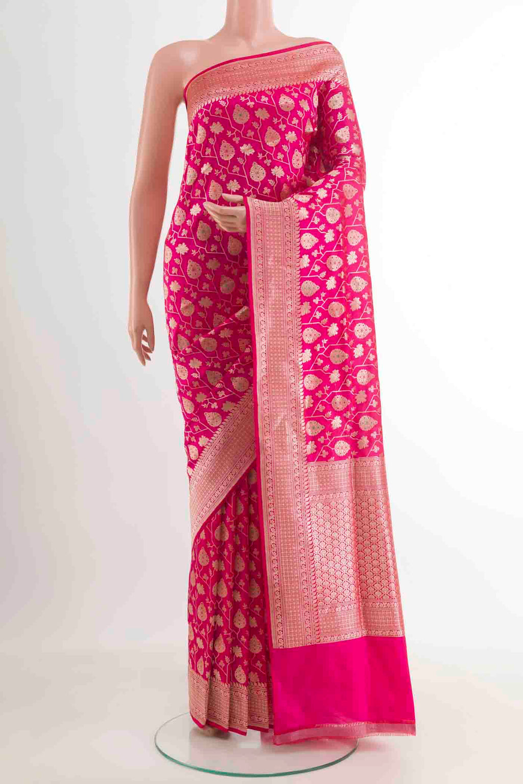 Pink Banarasi Silk Saree with Zari Brocade on the body and Zari Border.  displayed on a mannequin