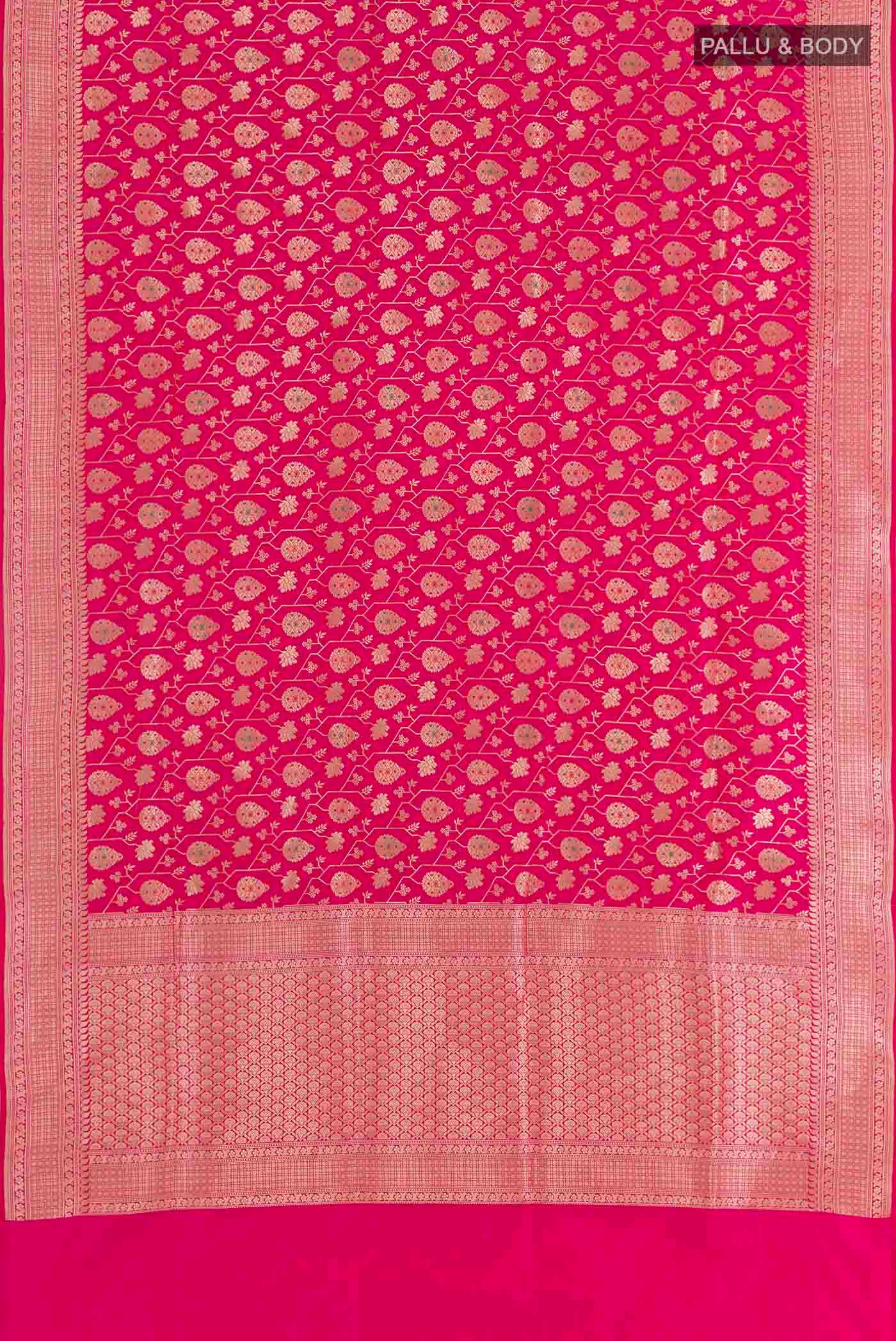 Flat view of Pink Banarasi Silk Saree with Zari Brocade on the body and Zari Border. 