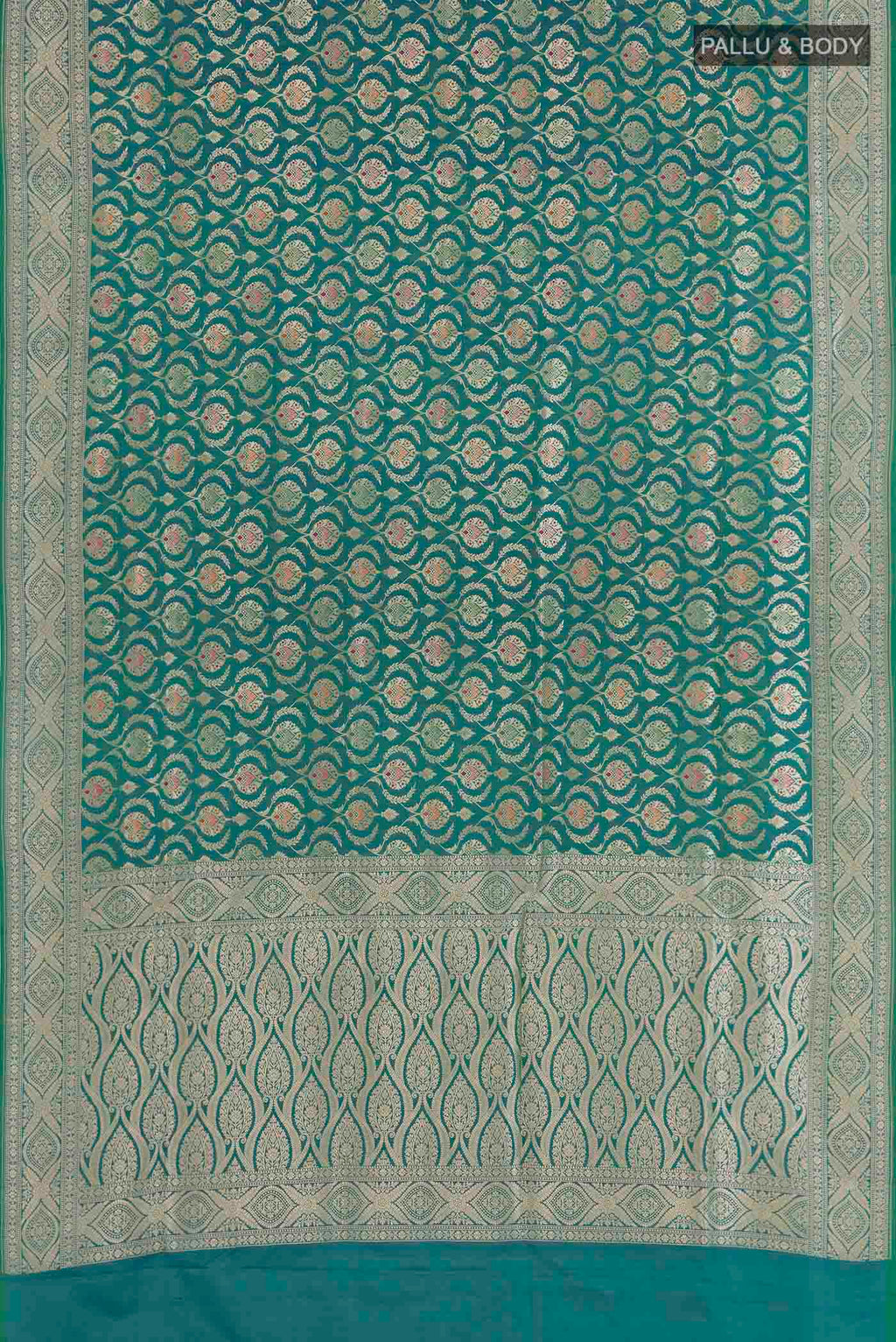 Flat view of Sea Green Banarasi Silk Saree with Zari Brocade on the body and Zari Border. 