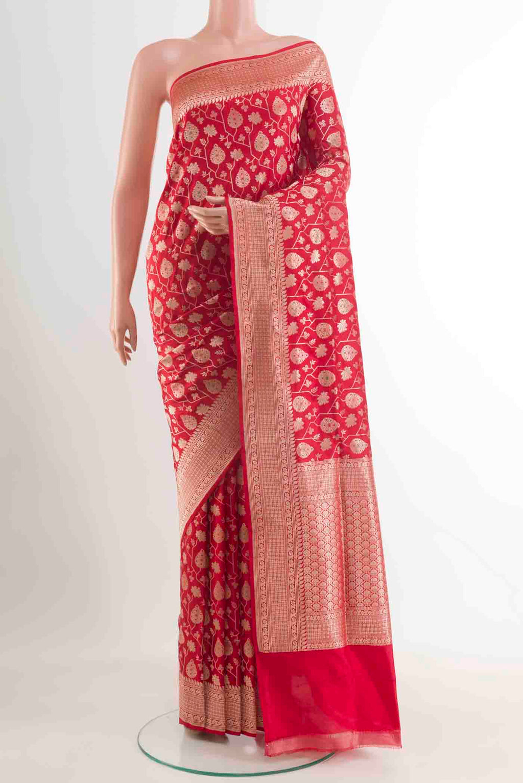 Red Dual Tone Banarasi Silk Saree with Zari Brocade on the body and Zari Border.  displayed on a mannequin