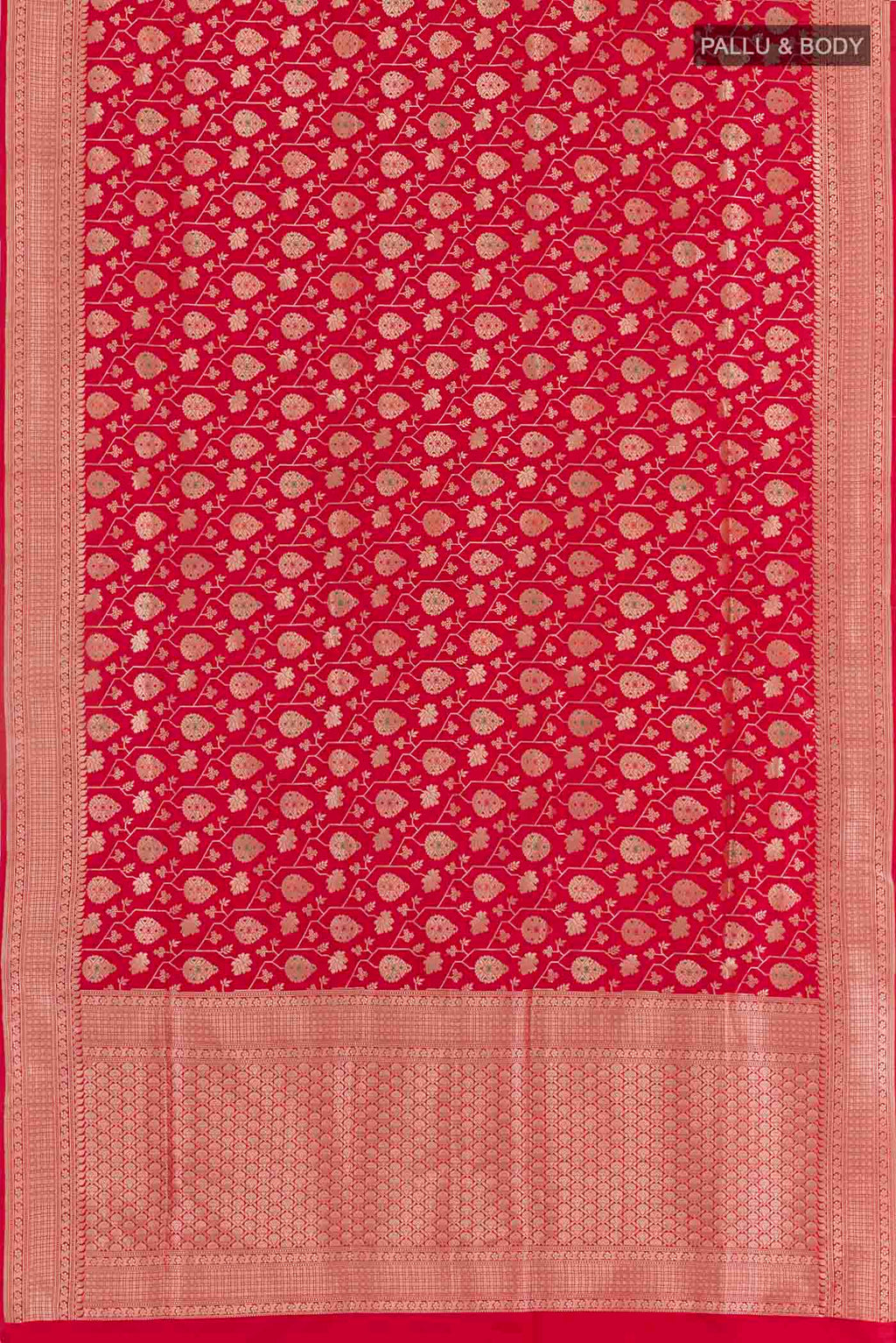 Flat view of Red Dual Tone Banarasi Silk Saree with Zari Brocade on the body and Zari Border. 