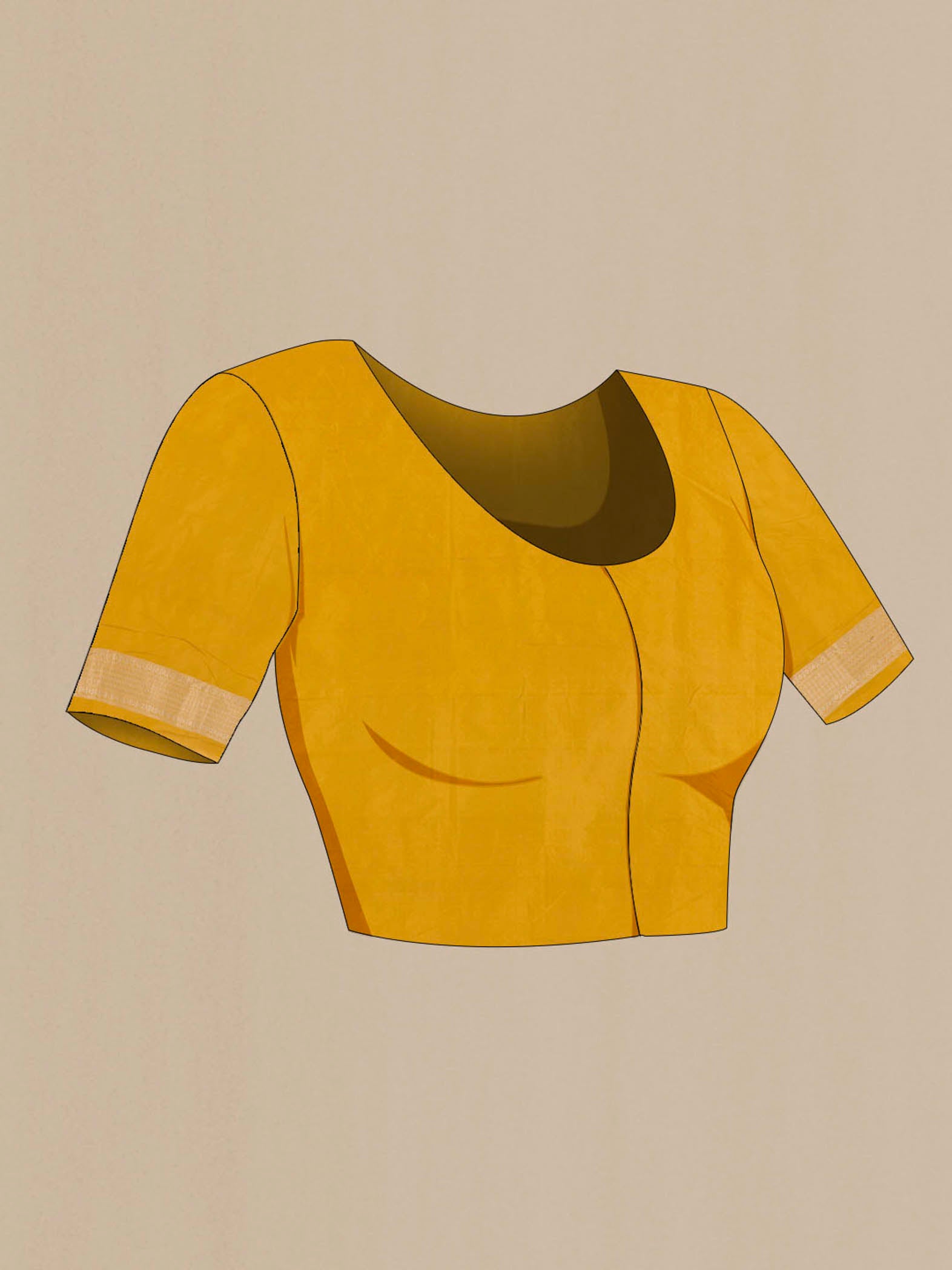 Close up image of the blouse of Yellow Banarasi Silk Saree with Zari Brocade on the body and Zari Border. 