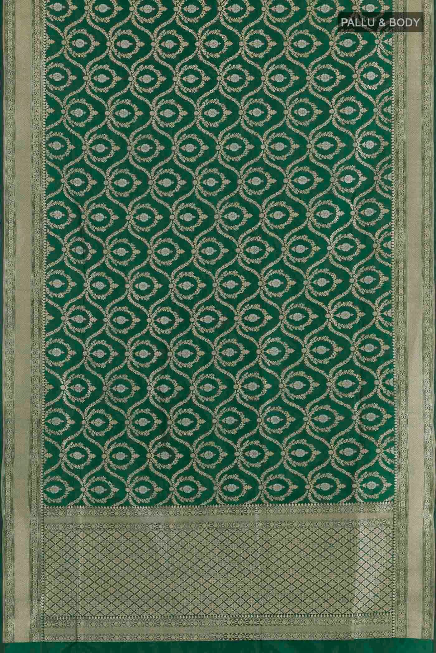 Flat view of Green Banarasi Silk Saree with Zari Brocade on the body and Zari Border