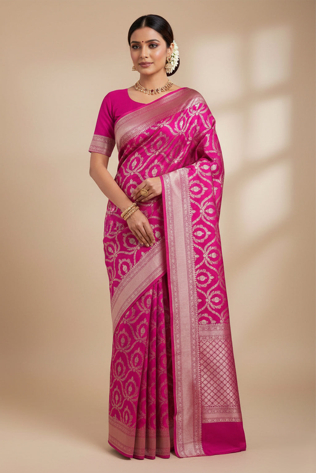 Model wearing a Pink Dual Tone Banarasi Silk Saree with Zari Brocade on the body and Zari Border