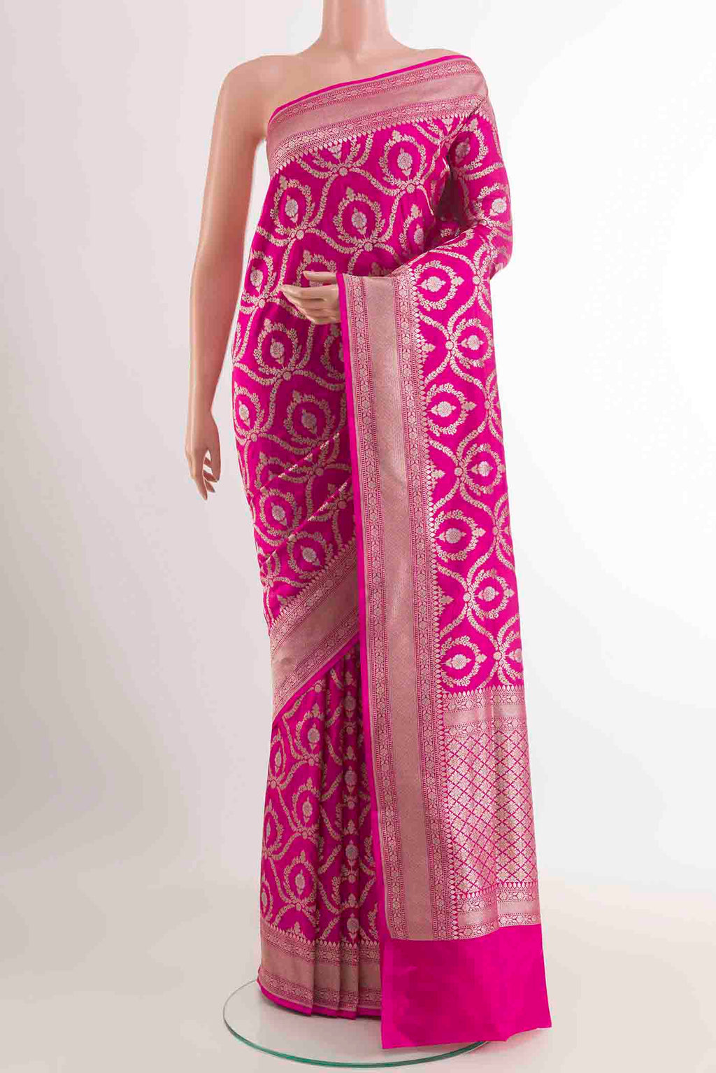 Pink Dual Tone Banarasi Silk Saree with Zari Brocade on the body and Zari Border displayed on a mannequin