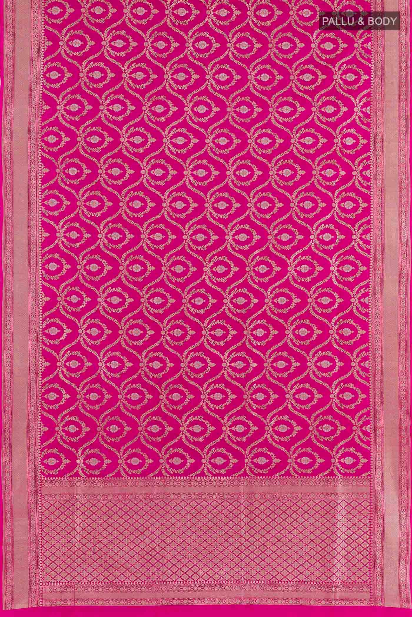 Flat view of Pink Dual Tone Banarasi Silk Saree with Zari Brocade on the body and Zari Border