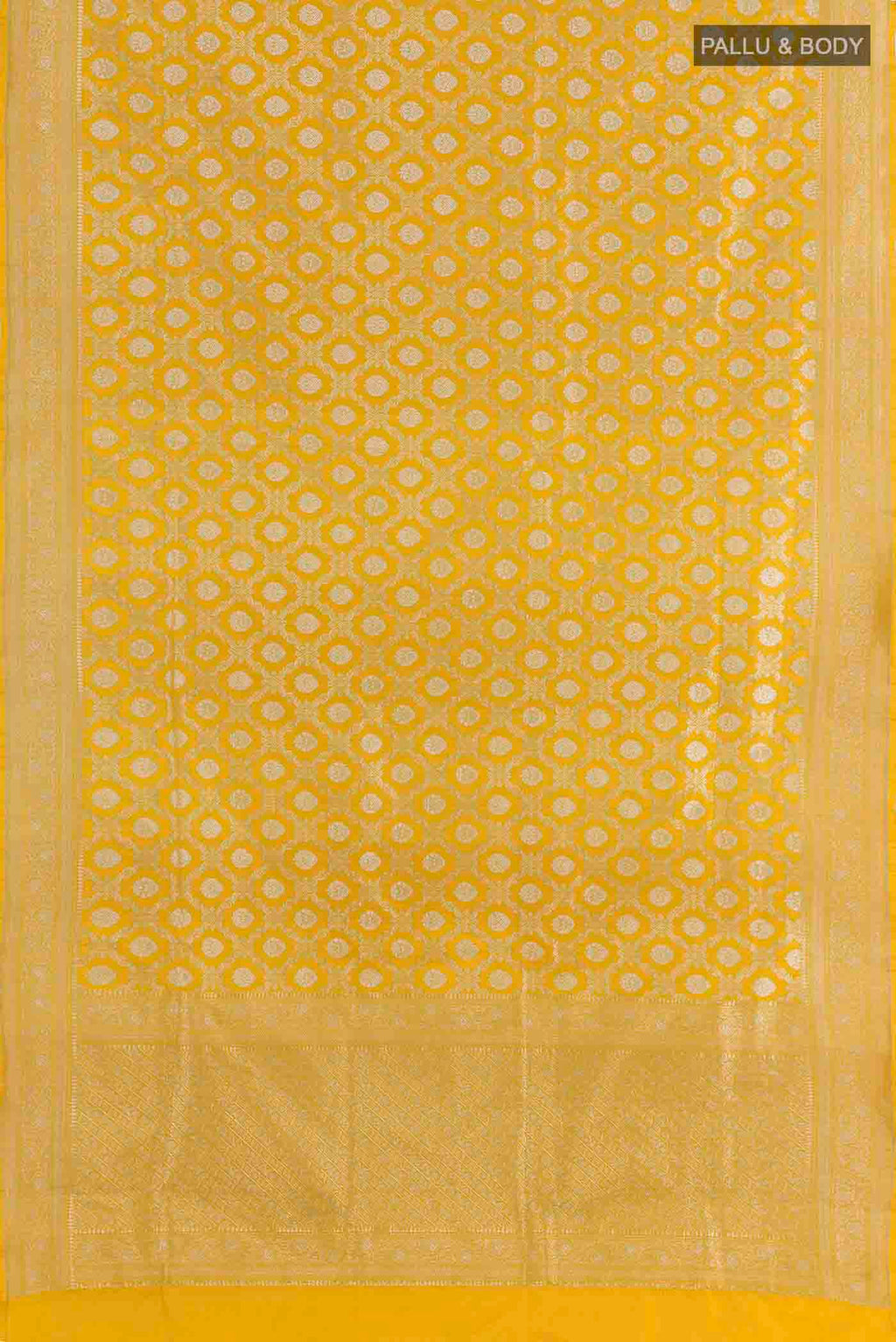 Flat view of Yellow Banarasi Silk Saree with Zari Brocade on the body and Zari Border. 