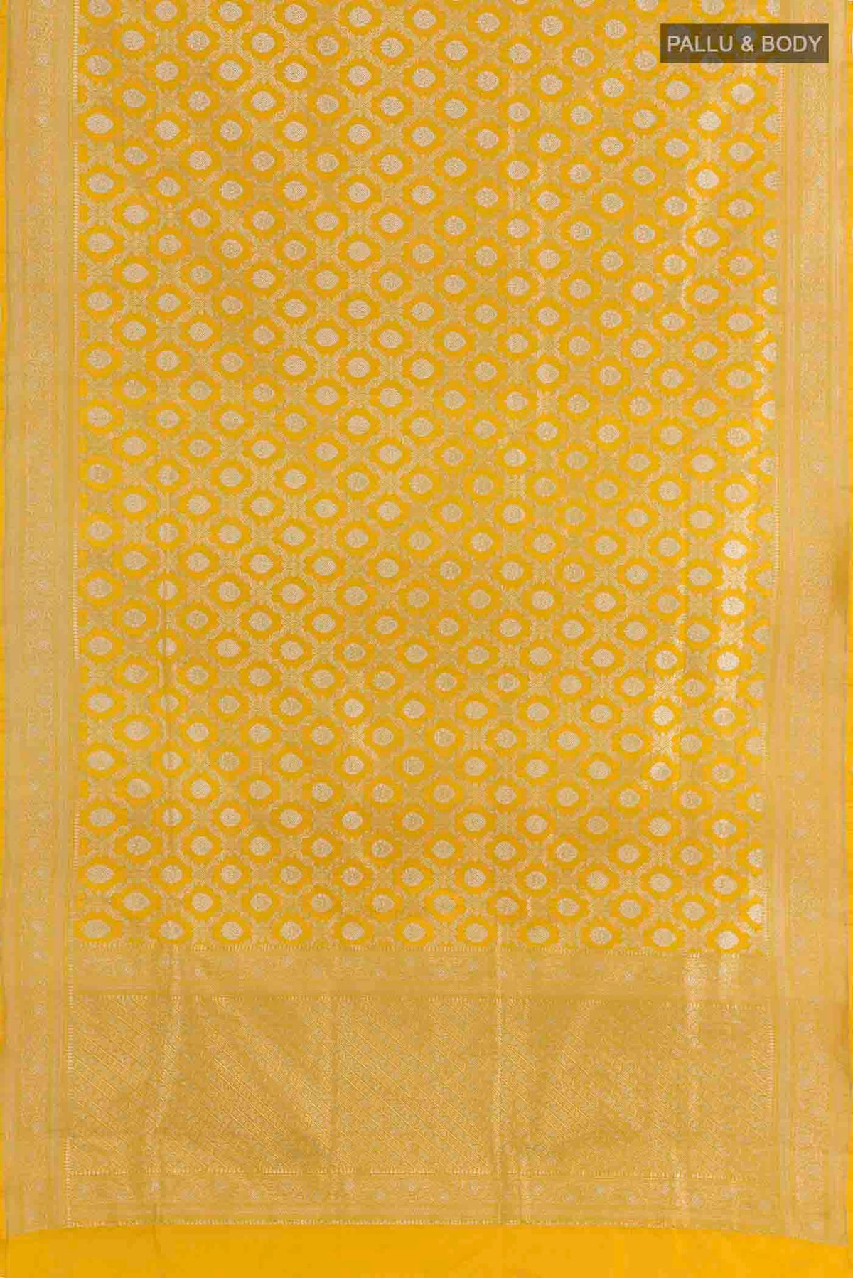 Flat view of Yellow Banarasi Silk Saree with Zari Brocade on the body and Zari Border. 