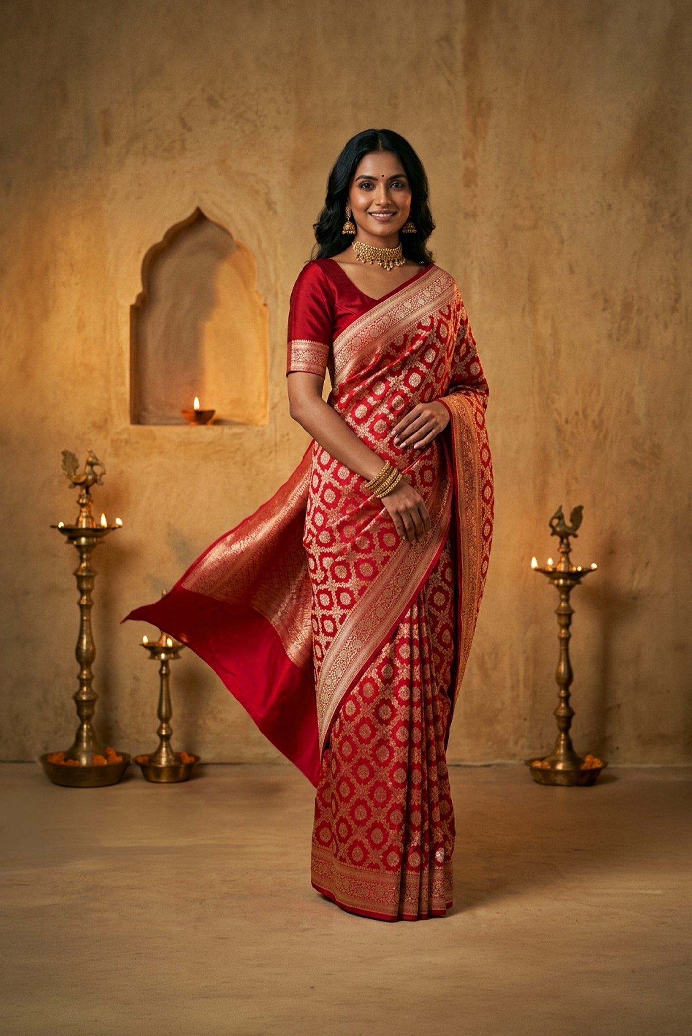 Model wearing a Red with Pink Dual Tone Banarasi Silk Saree with Zari Brocade on the body and Zari Border.