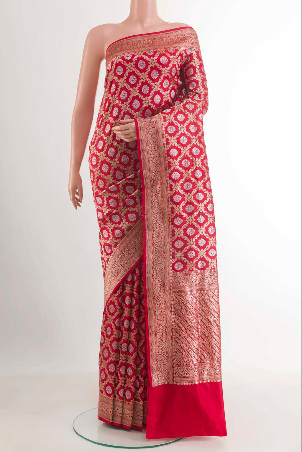 Red Banarasi Silk Saree with Zari Butta on the body and Zari Border.  displayed on a mannequin