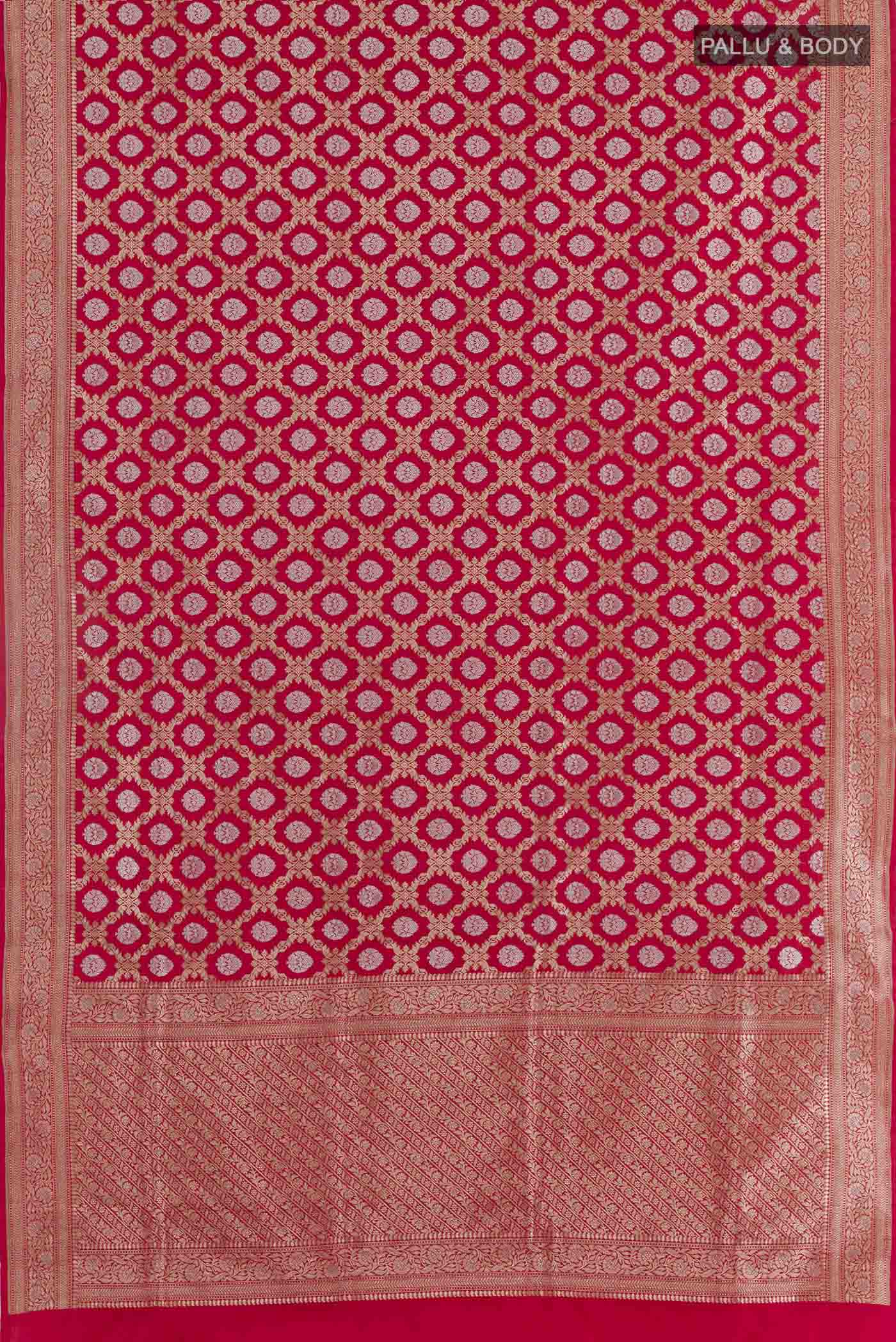 Flat view of Red Banarasi Silk Saree with Zari Butta on the body and Zari Border. 