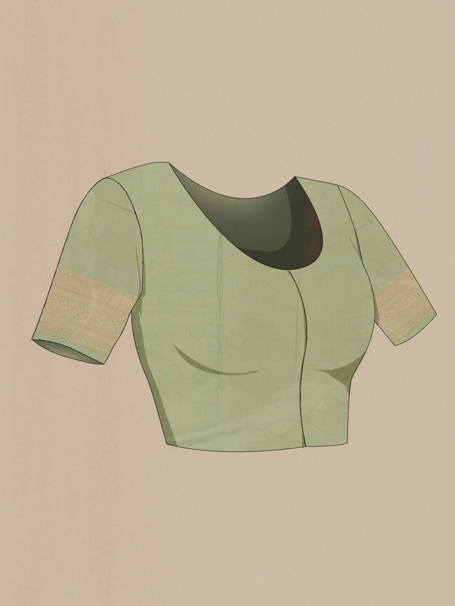 Close up image of the blouse of Light Green Banarasi Silk Saree with Zari Brocade on the body and Zari Border. 