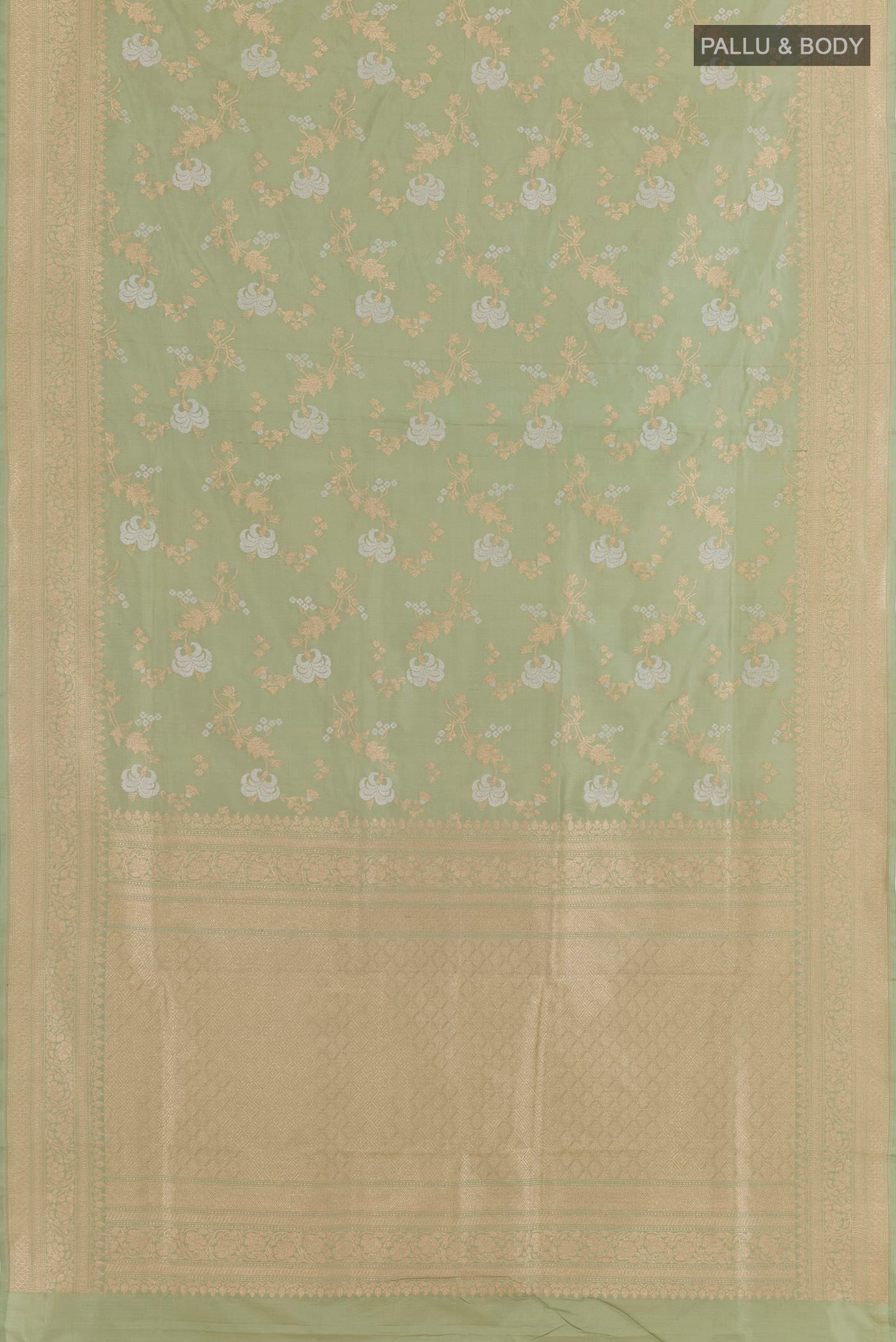Flat view of Light Green Banarasi Silk Saree with Zari Brocade on the body and Zari Border. 