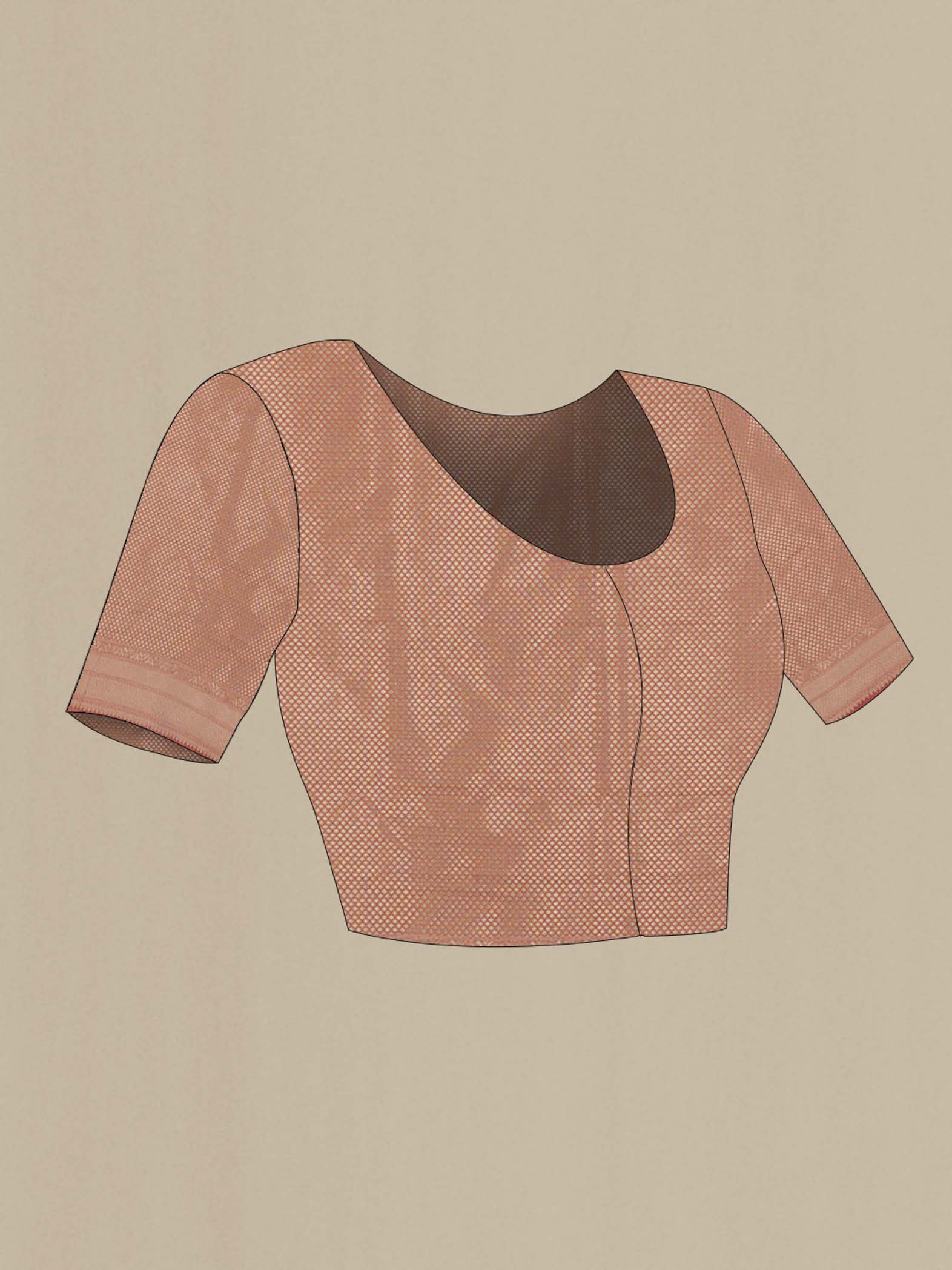 Close up image of the blouse of Red Banarasi Silk Saree with Zari Butta on the body and Zari Border. 