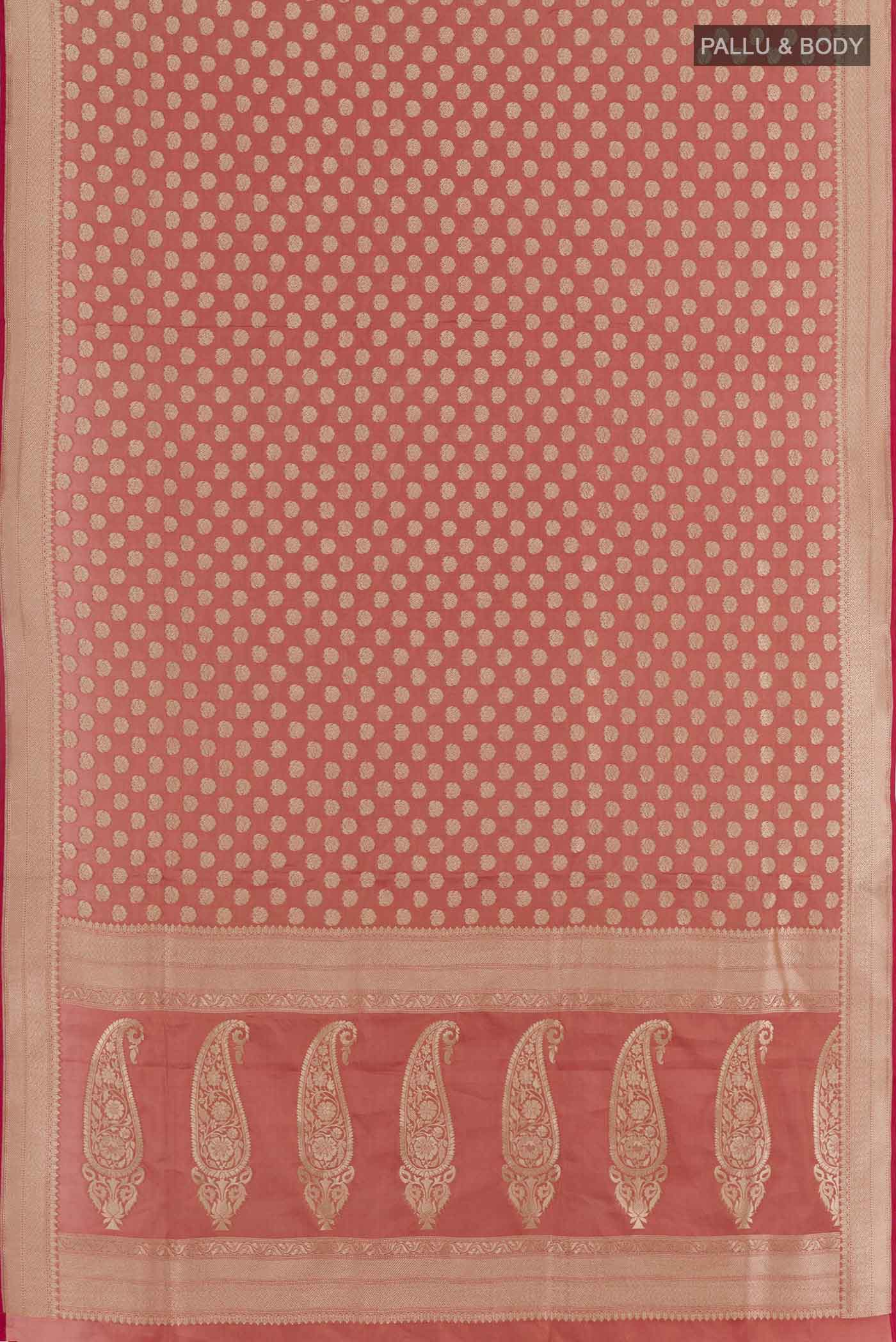 Flat view of Red Banarasi Silk Saree with Zari Butta on the body and Zari Border. 