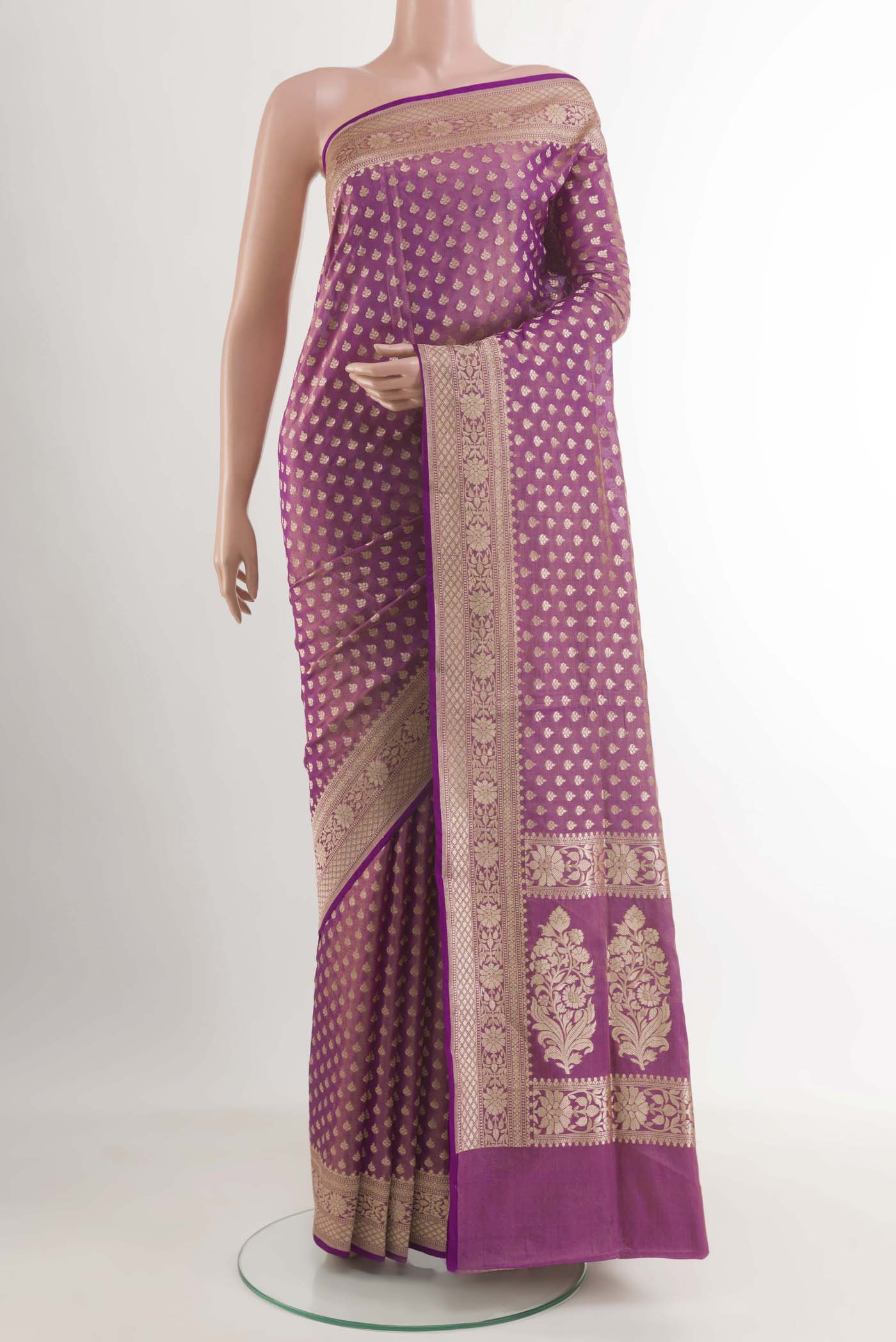 Purple Banarasi Silk Saree with Zari Butta on the body and Zari Border.  displayed on a mannequin