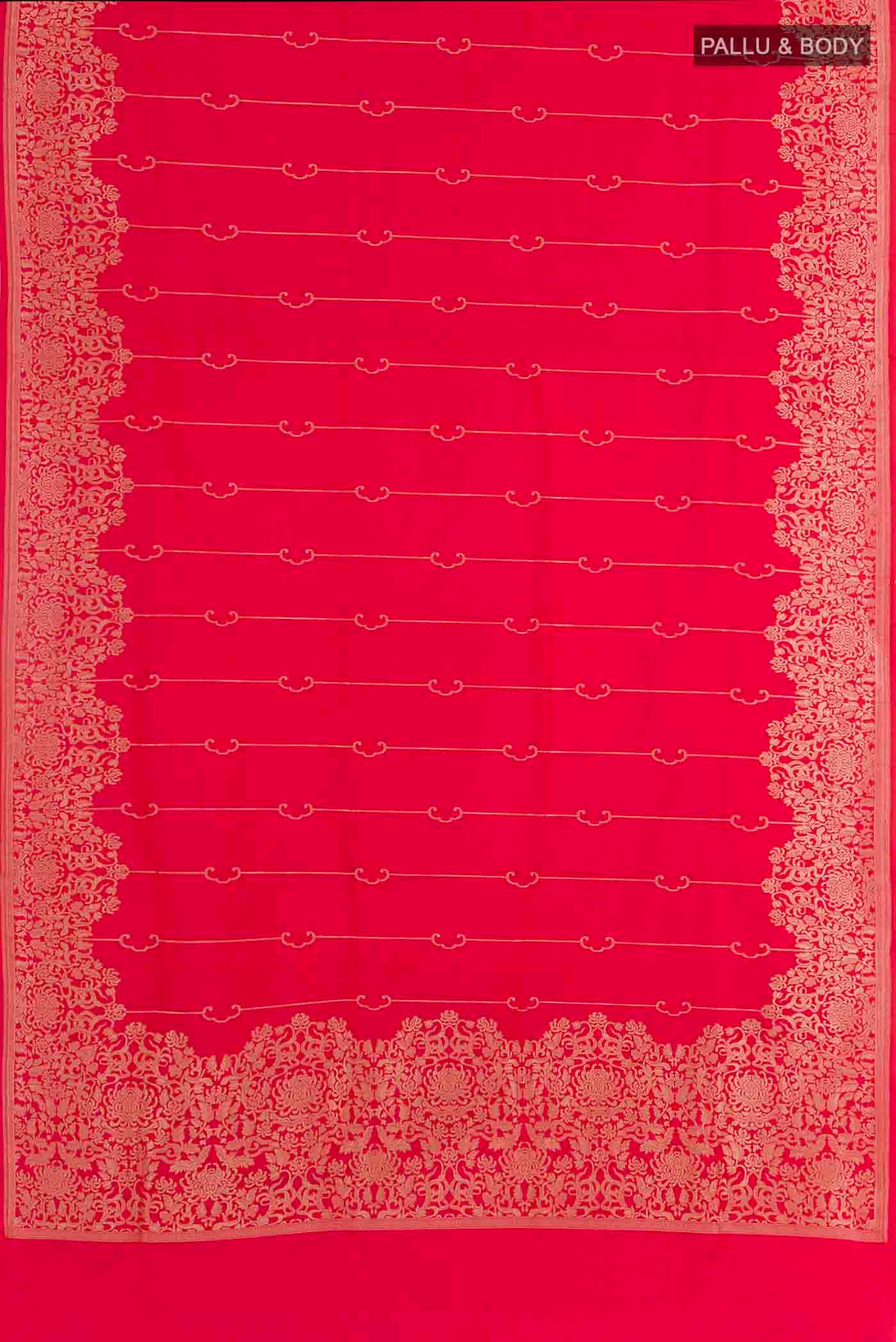 Flat view of Red Banarasi Silk Saree with Stripes on the body and Zari Border. 