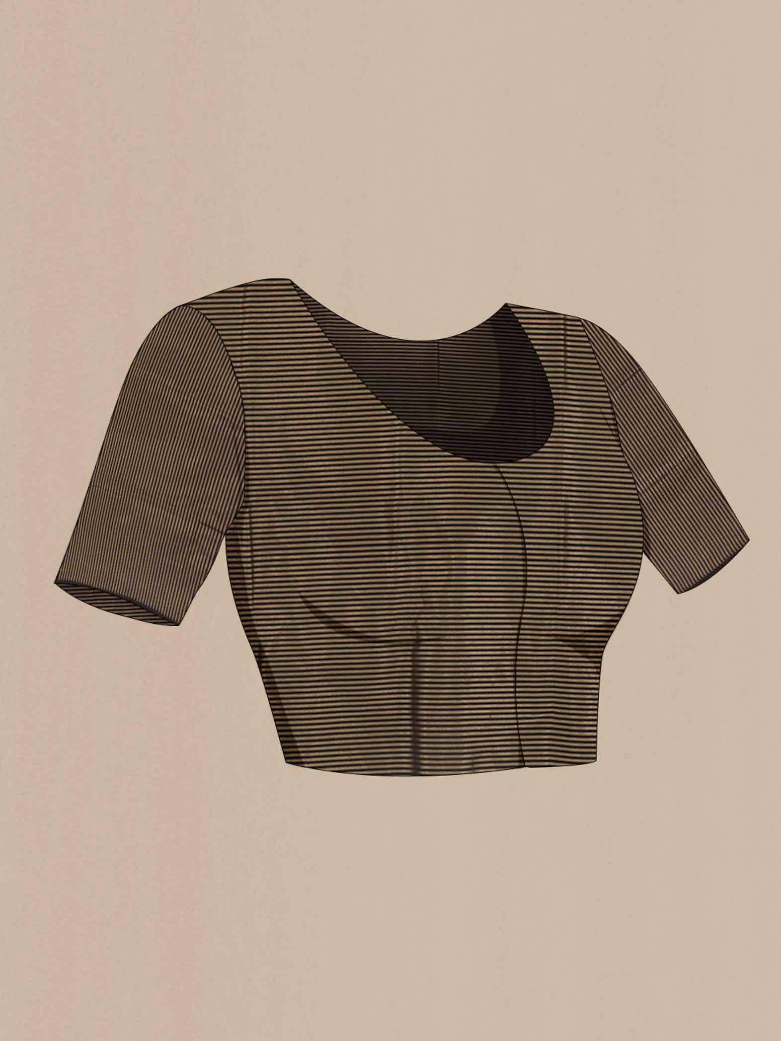 Close up image of the blouse of Black Banarasi Silk Saree with Plain Body and Zari Border. 