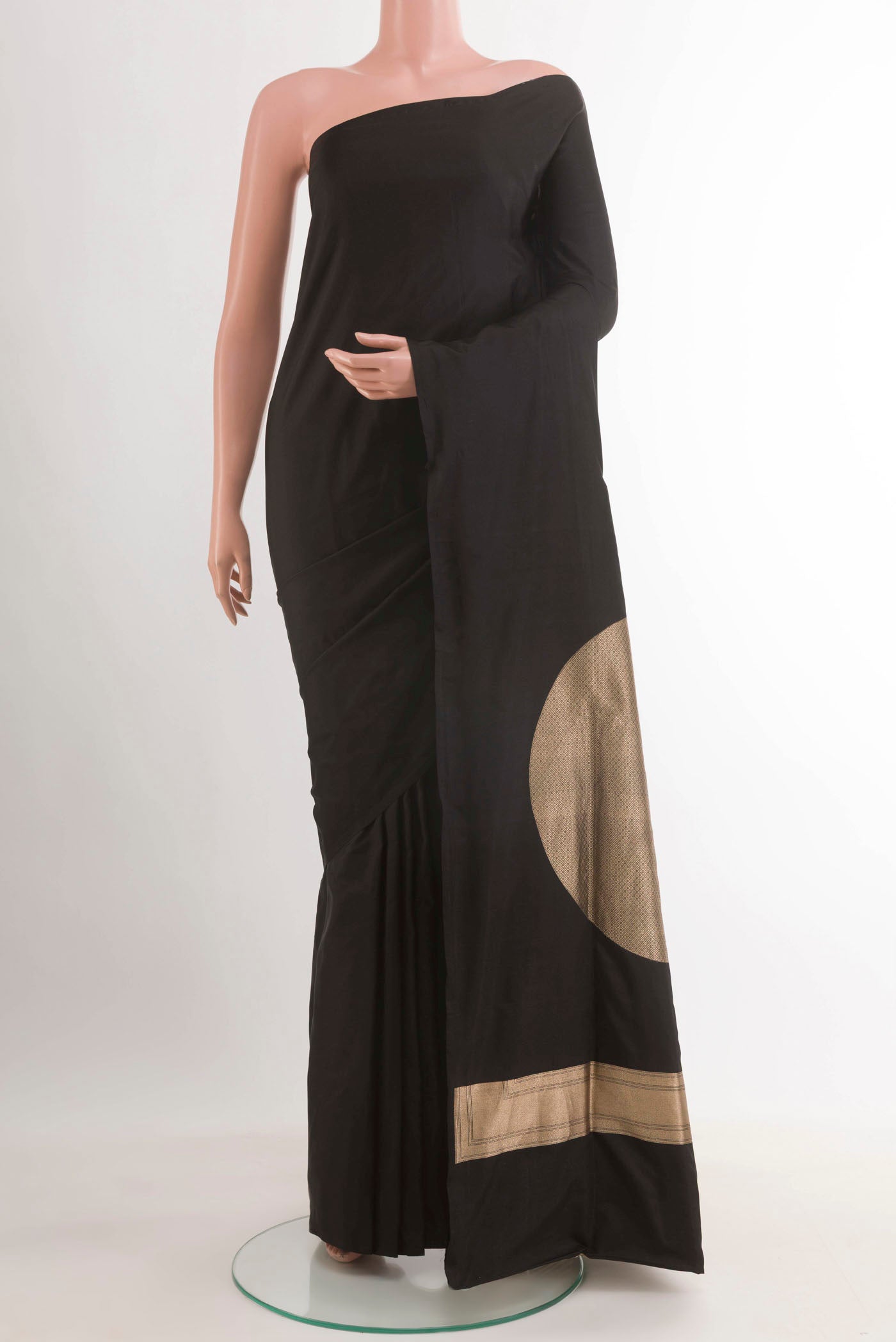 Black Banarasi Silk Saree with Plain Body and Zari Border.  displayed on a mannequin