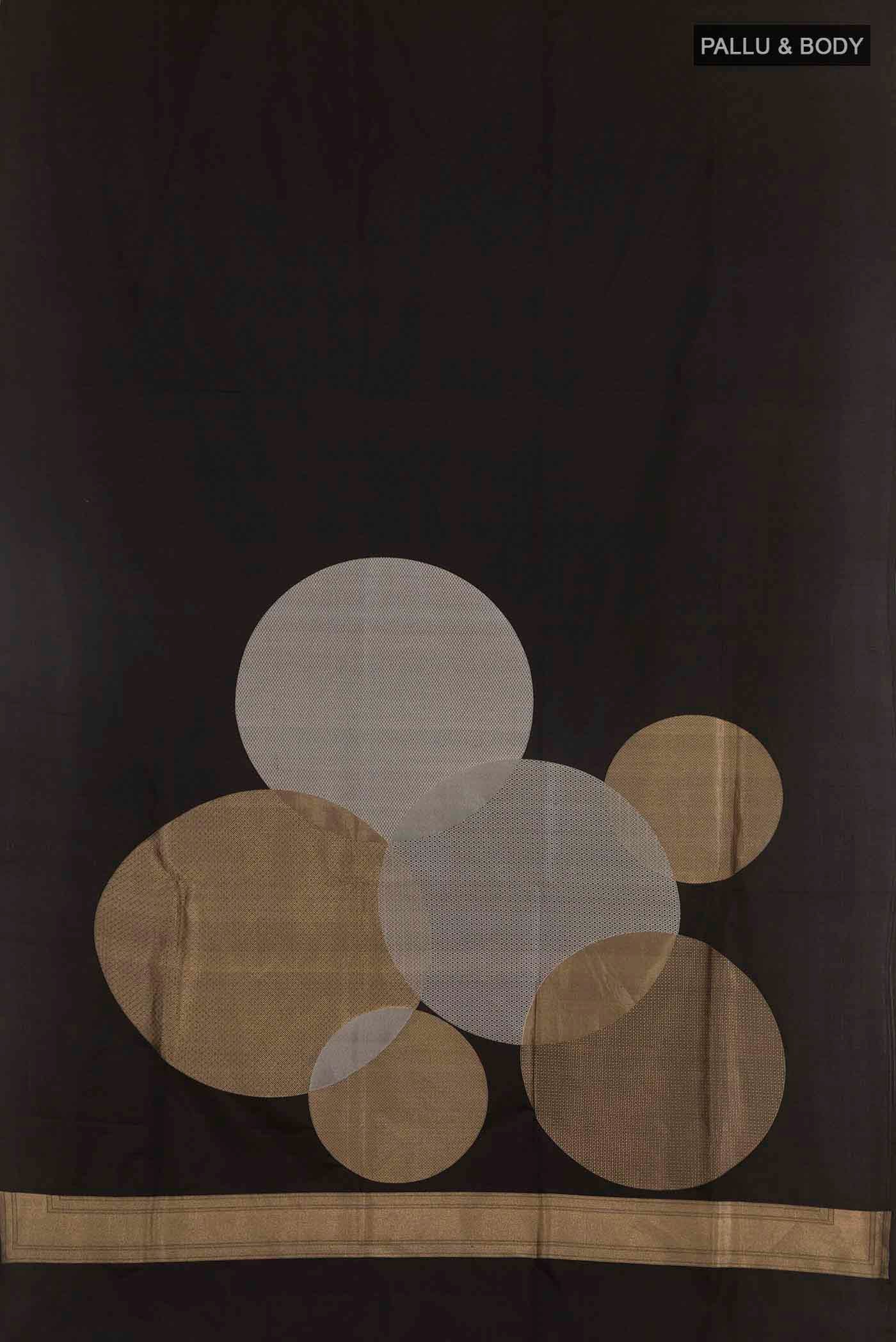 Flat view of Black Banarasi Silk Saree with Plain Body and Zari Border. 