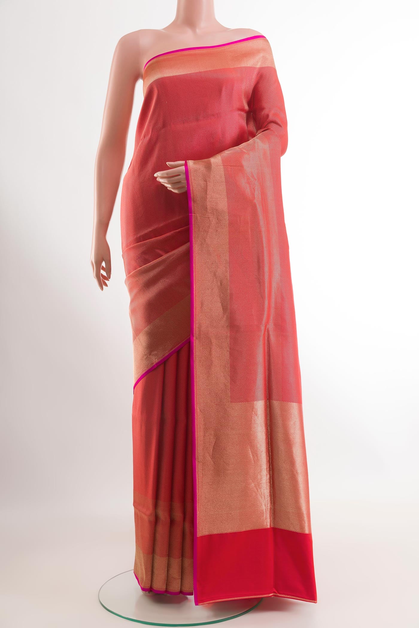 Red Banarasi Silk Saree with Zari Brocade on the body and Zari Border.  displayed on a mannequin