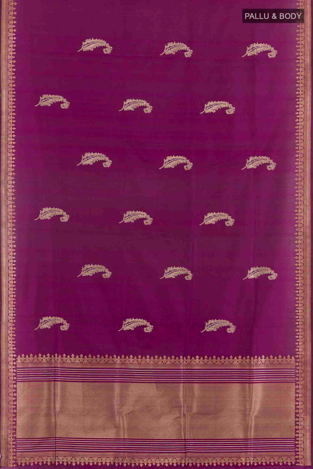 Flat view of Purple Banarasi Silk Saree with Zari Butta on the body and Zari Border