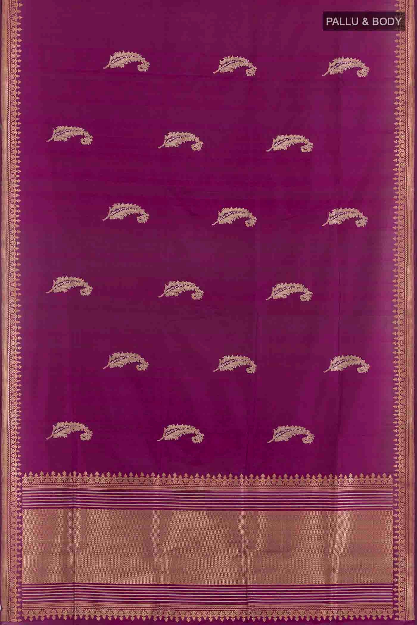 Flat view of Purple Banarasi Silk Saree with Zari Butta on the body and Zari Border