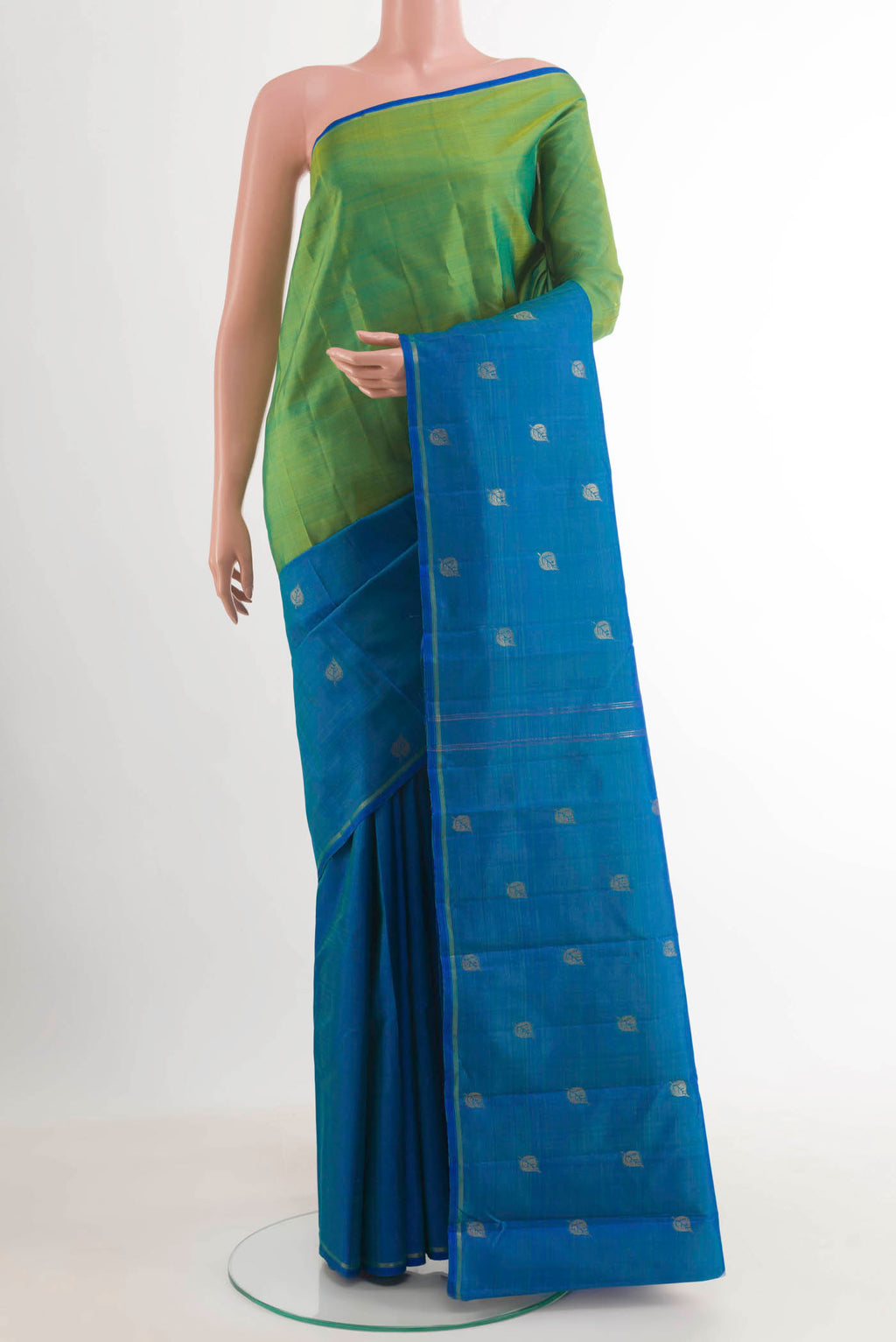 Blue Kanjivaram Silk Saree with Half And Half on the body and Rising Temple Border.  displayed on a mannequin