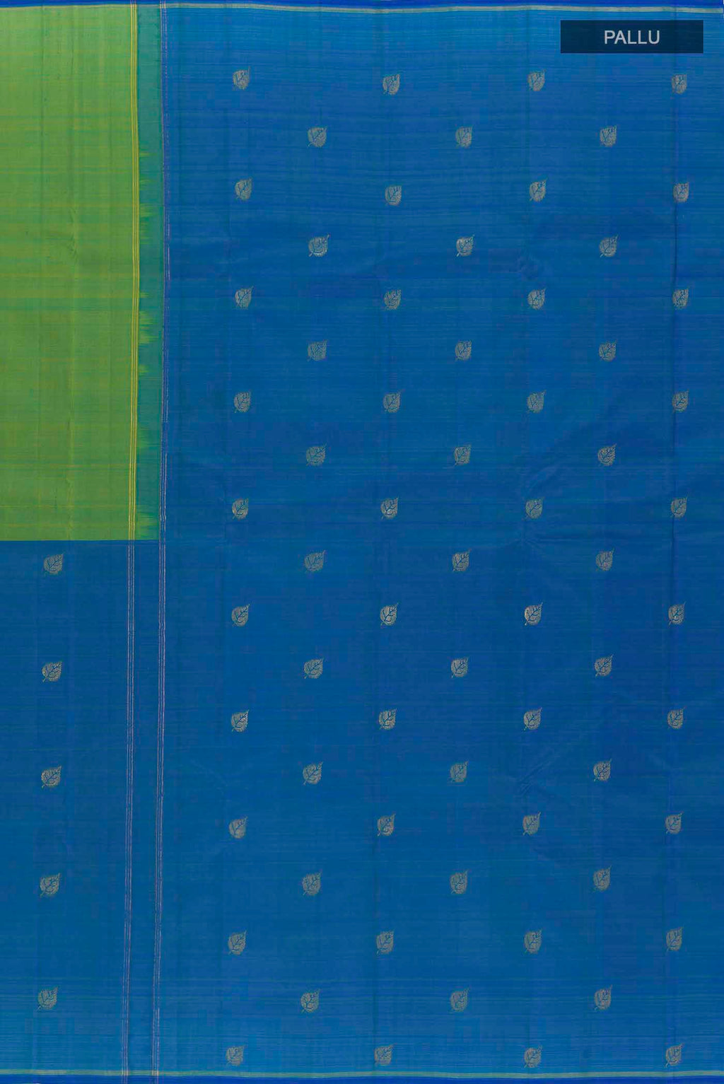 Close up image of the pallu of Blue Kanjivaram Silk Saree with Half And Half on the body and Rising Temple Border. 