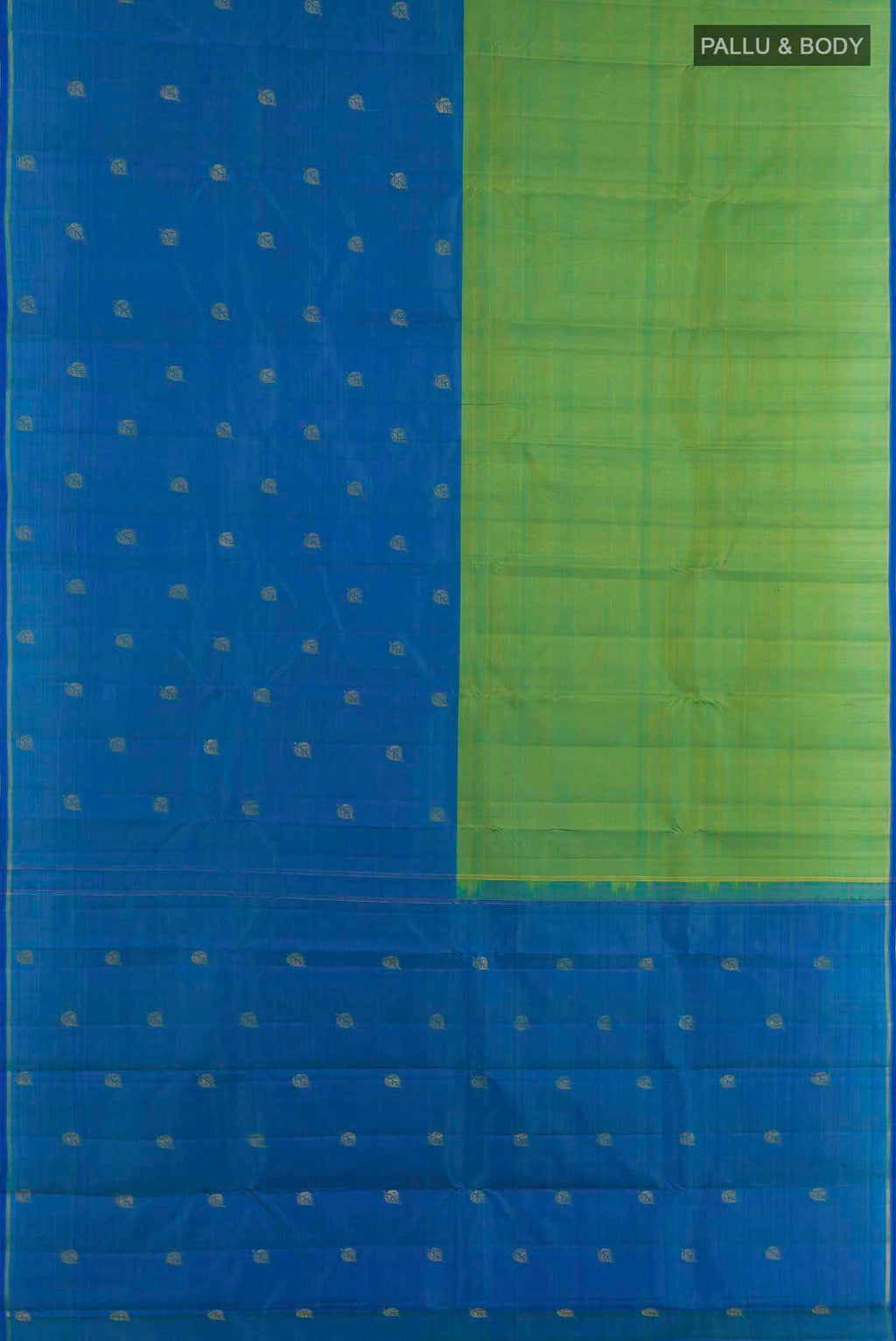Flat view of Blue Kanjivaram Silk Saree with Half And Half on the body and Rising Temple Border. 