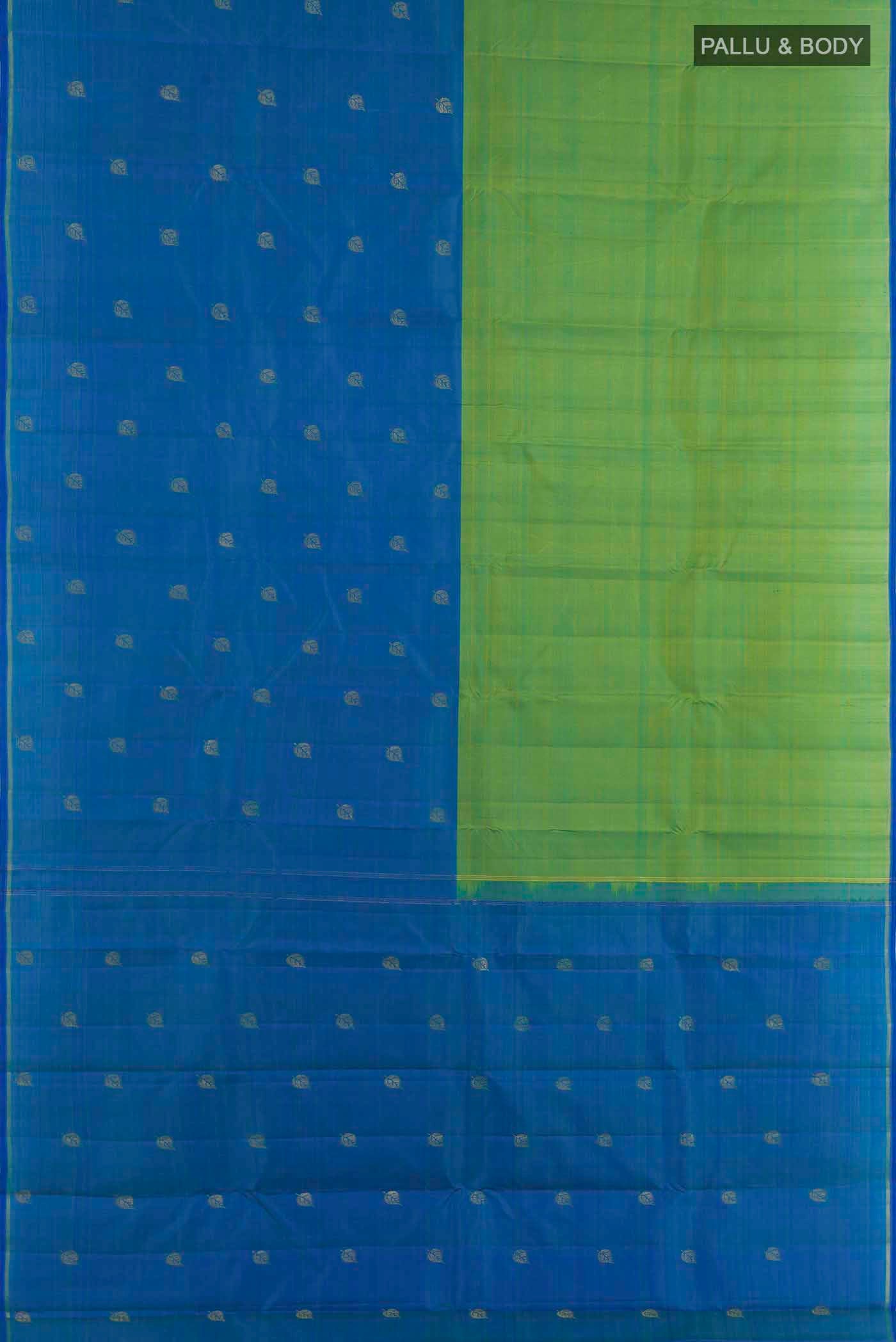 Flat view of Blue Kanjivaram Silk Saree with Half And Half on the body and Rising Temple Border. 