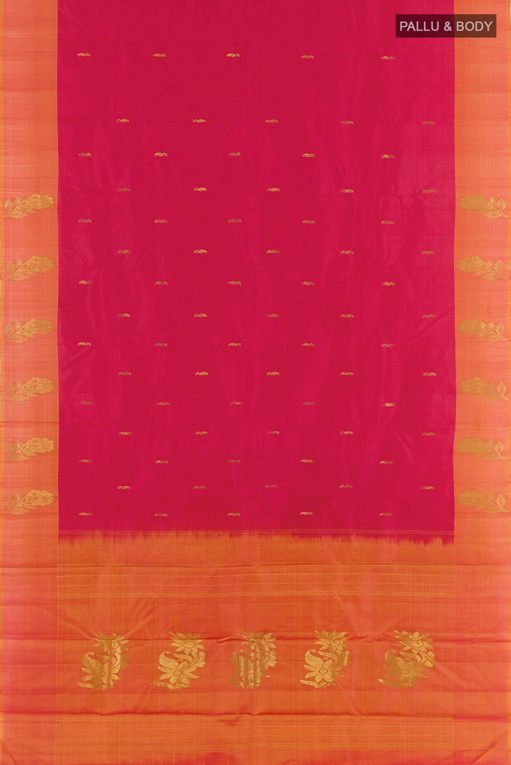 Flat view of Red Kanjivaram Silk Saree with Zari Butta on the body and Zari Border. 